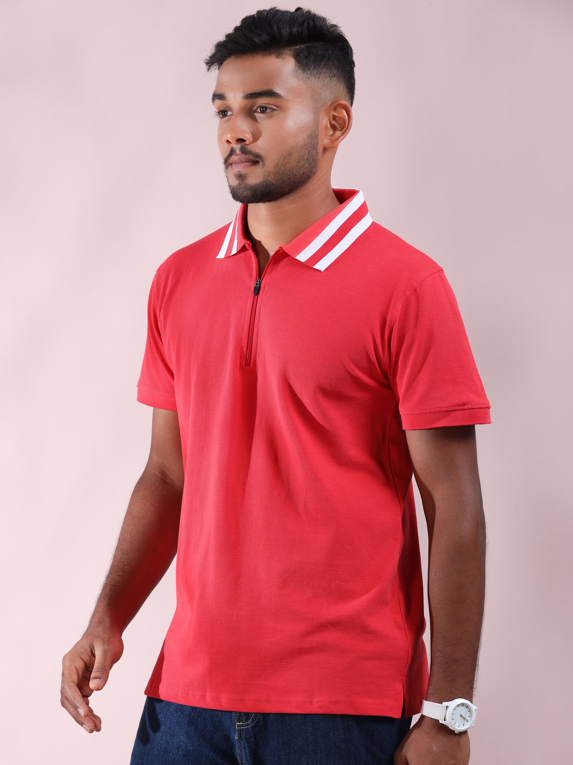 Plus White Striped Collar Pink Cotton T Shirts for Men