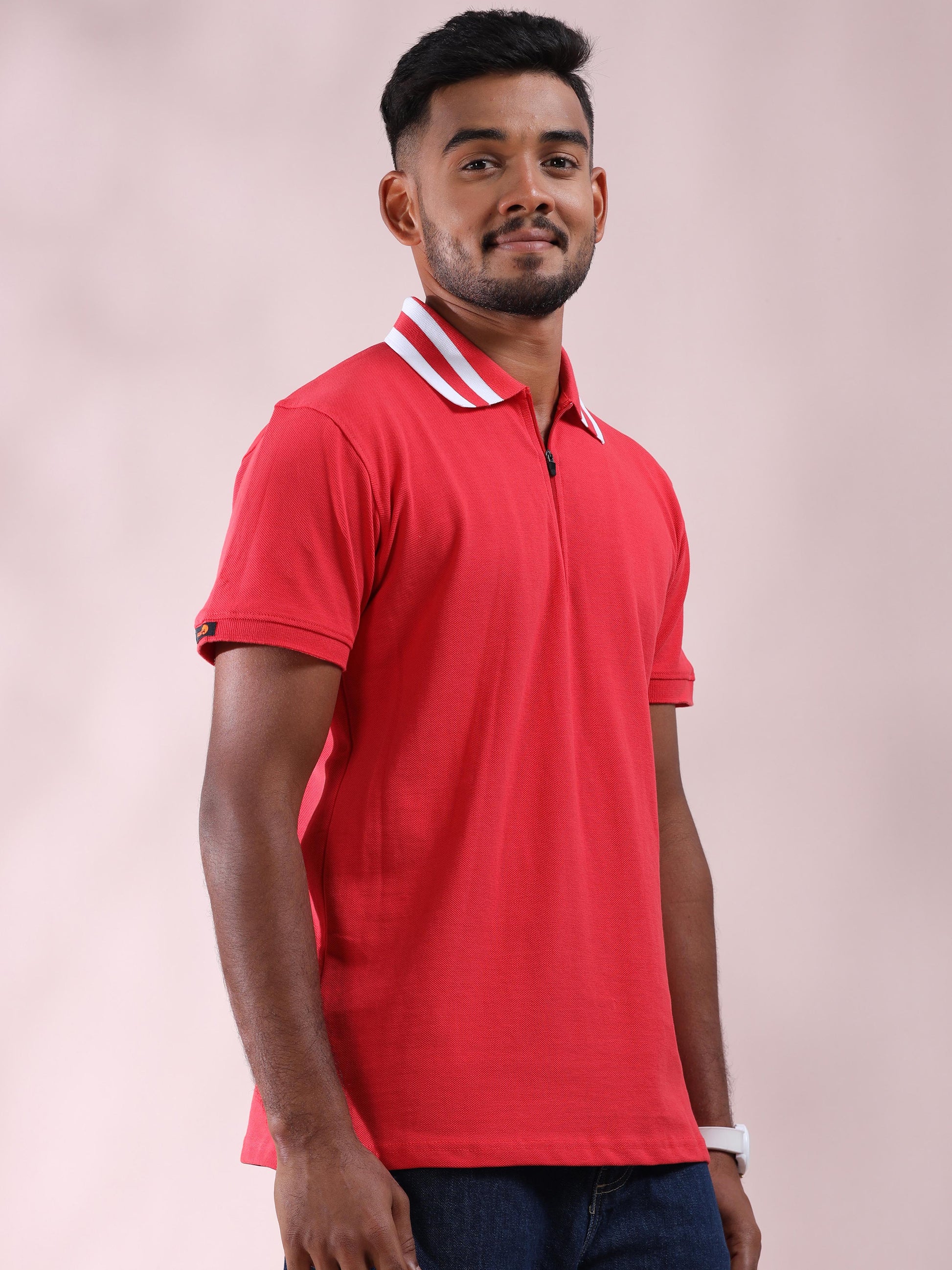 Plus White Striped Collar Pink Cotton T Shirts for Men