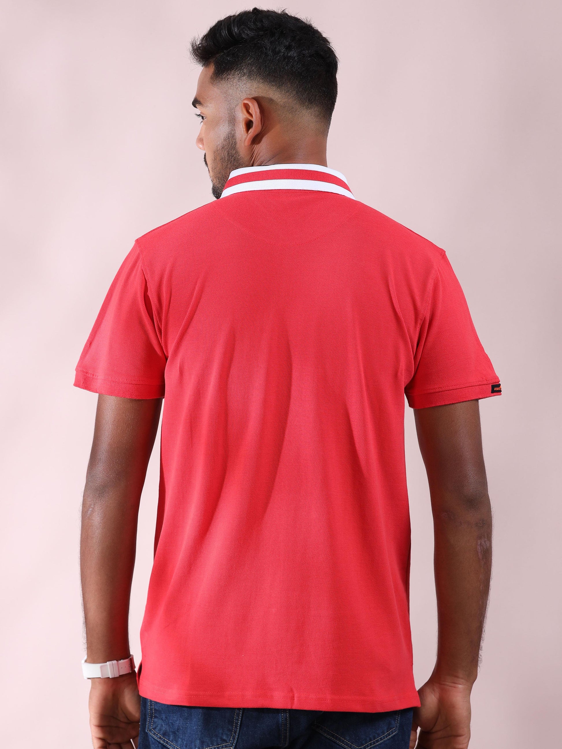 Plus White Striped Collar Pink Cotton T Shirts for Men
