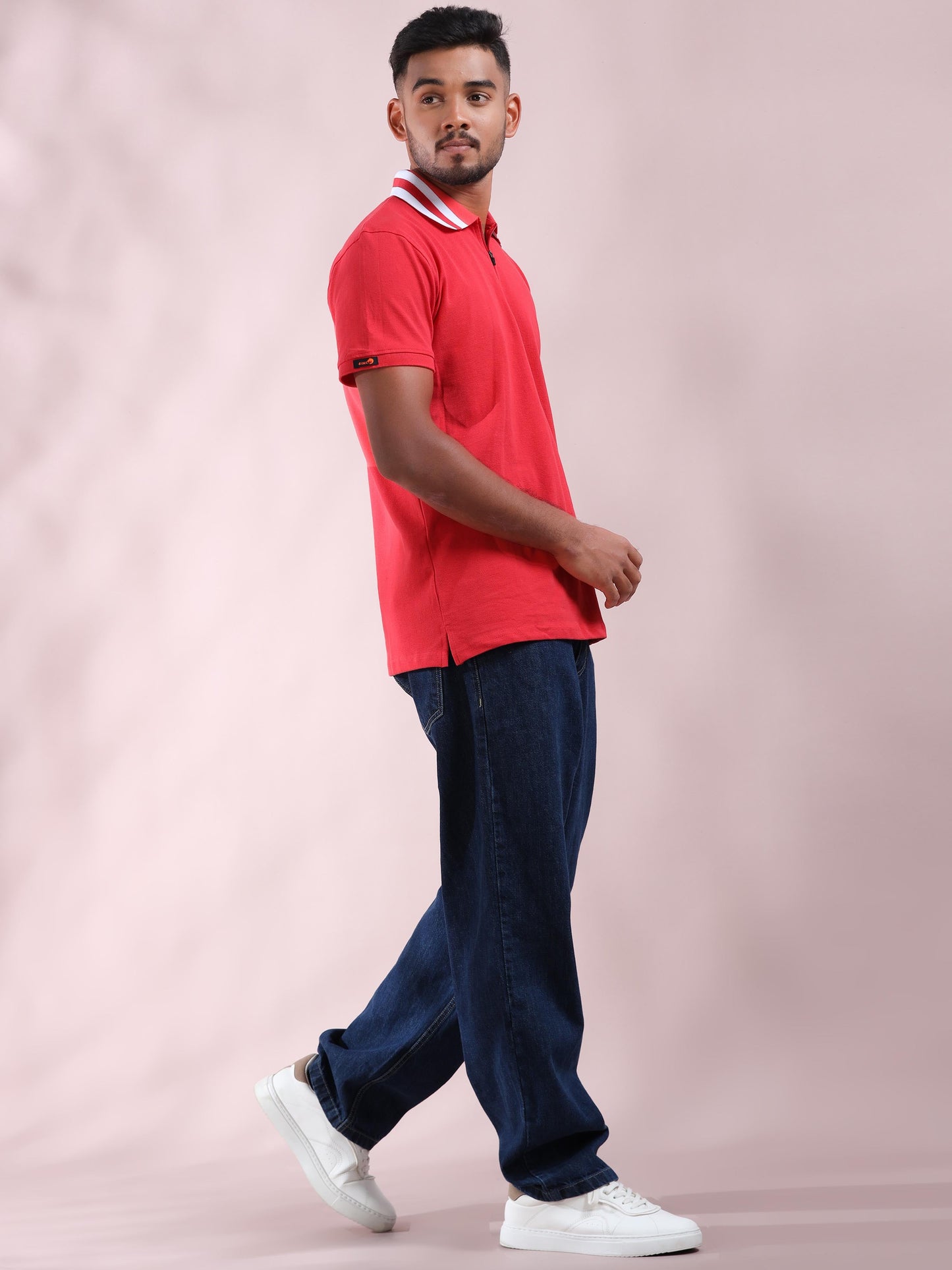 Plus White Striped Collar Pink Cotton T Shirts for Men