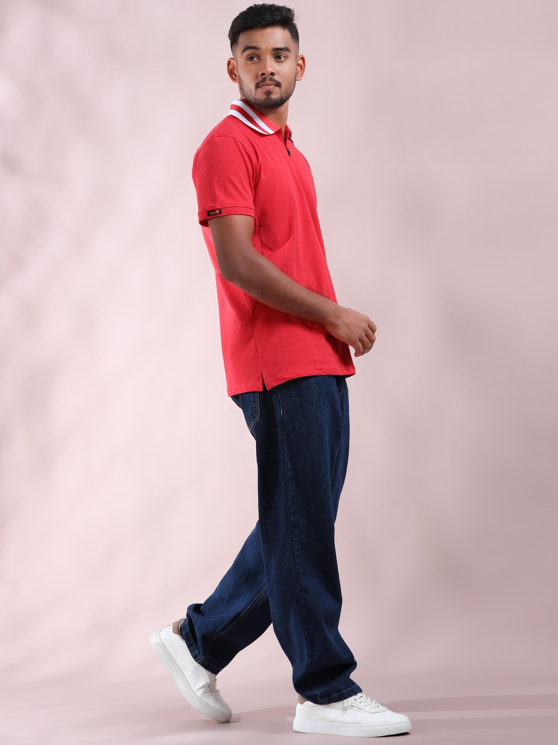 Plus White Striped Collar Pink Cotton T Shirts for Men