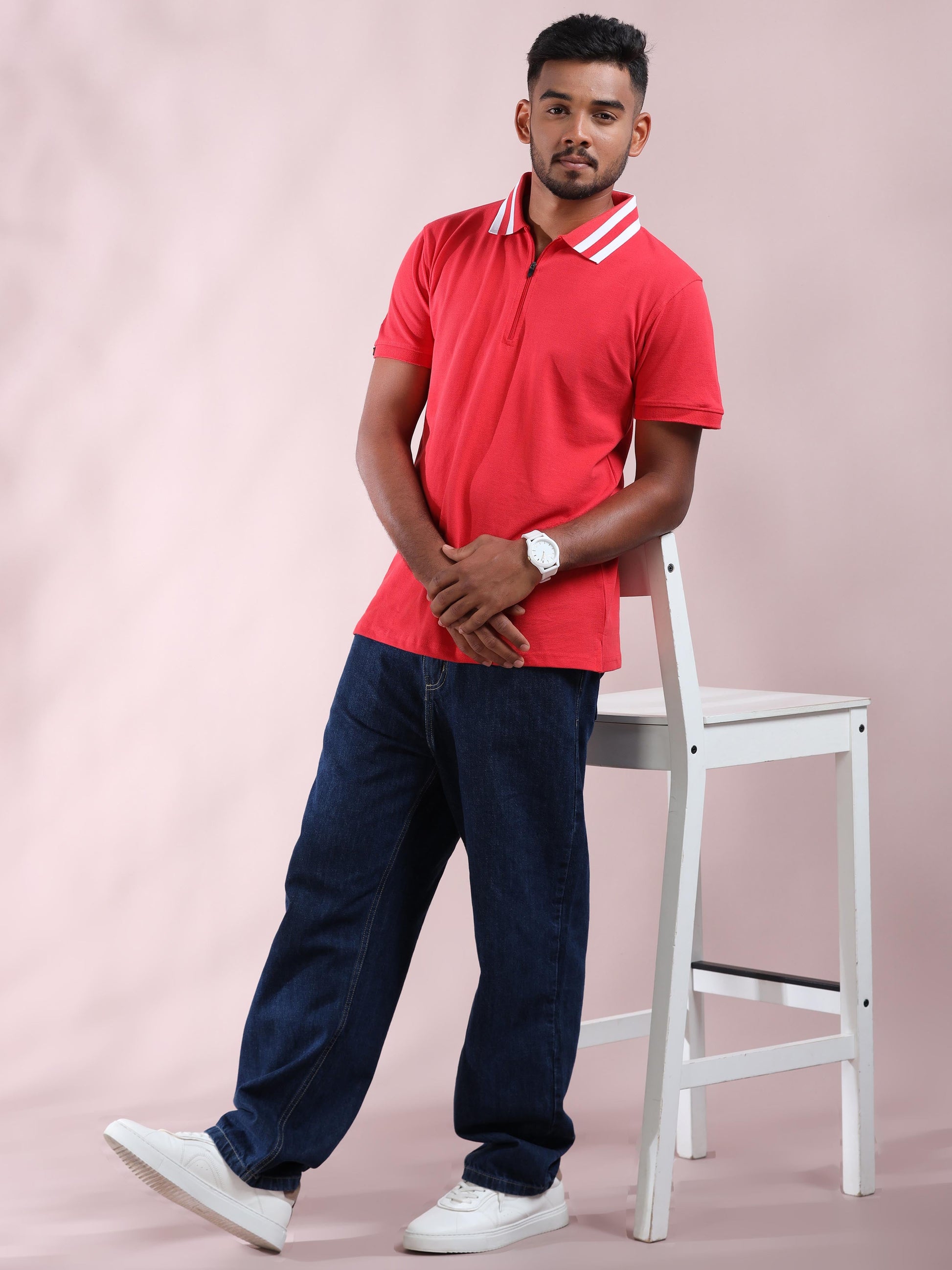 Plus White Striped Collar Pink Cotton T Shirts for Men