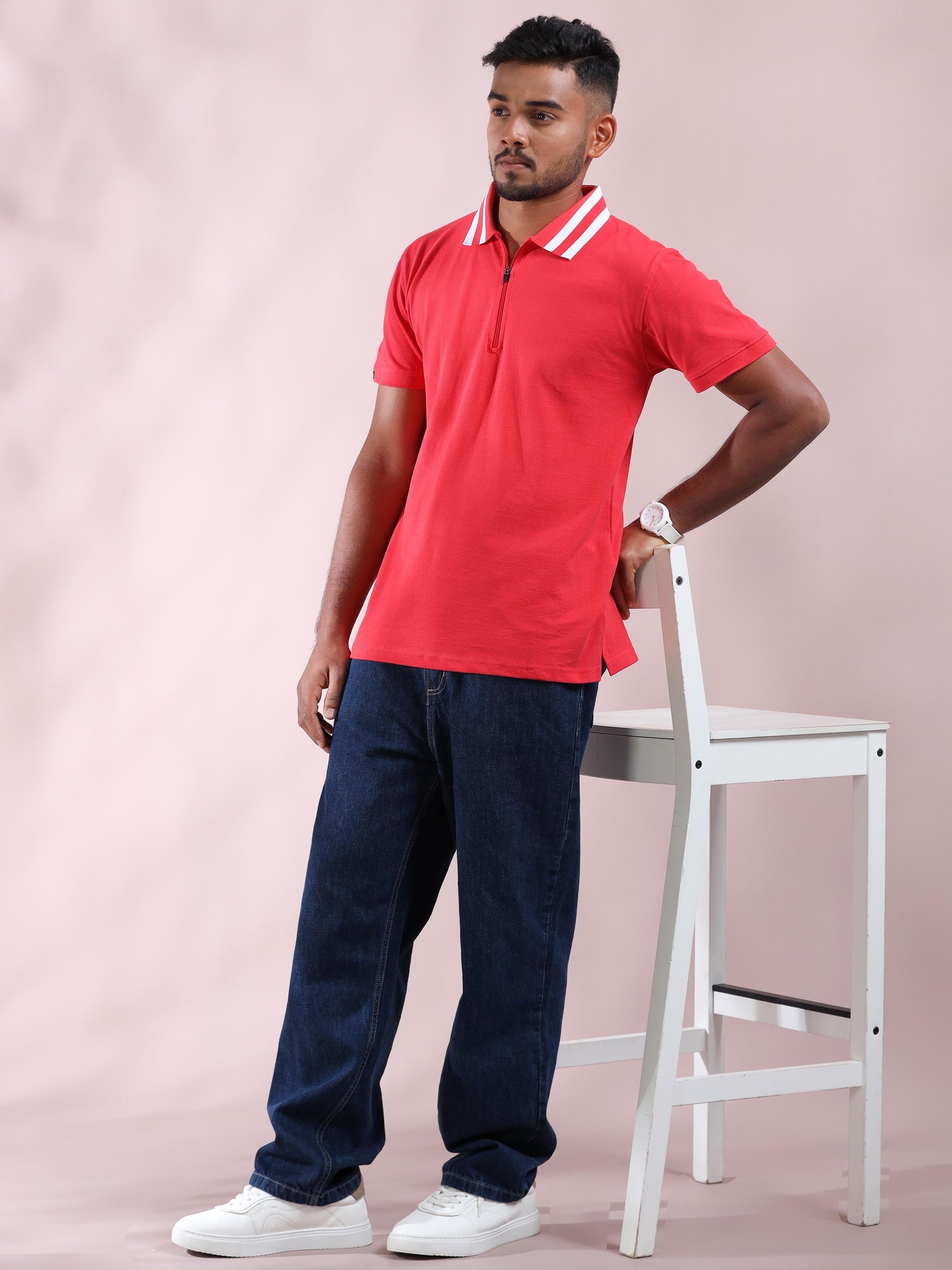 Plus White Striped Collar Pink Cotton T Shirts for Men