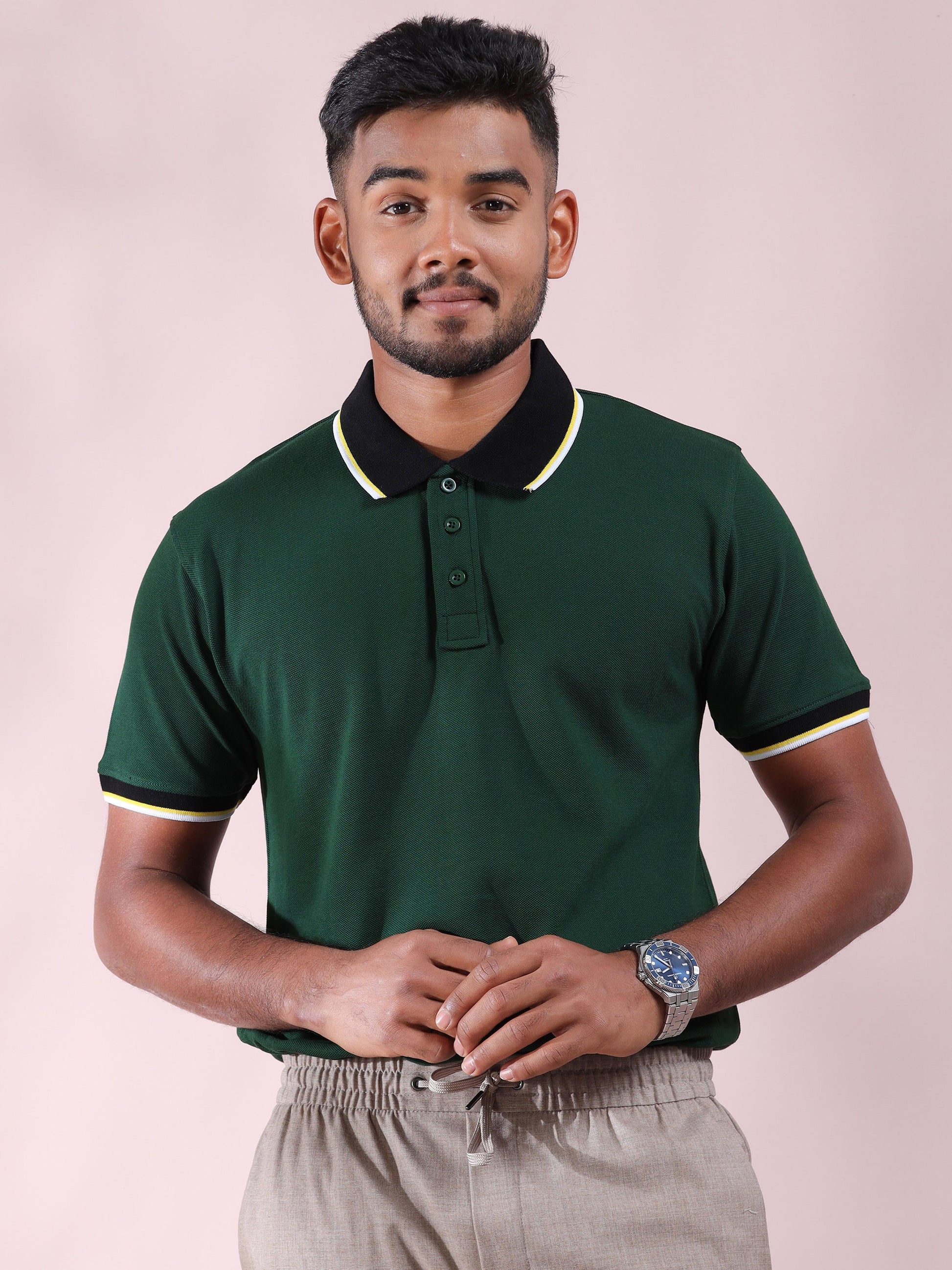 Plus White&Yellow Tipping Green Cotton T Shirt for Men