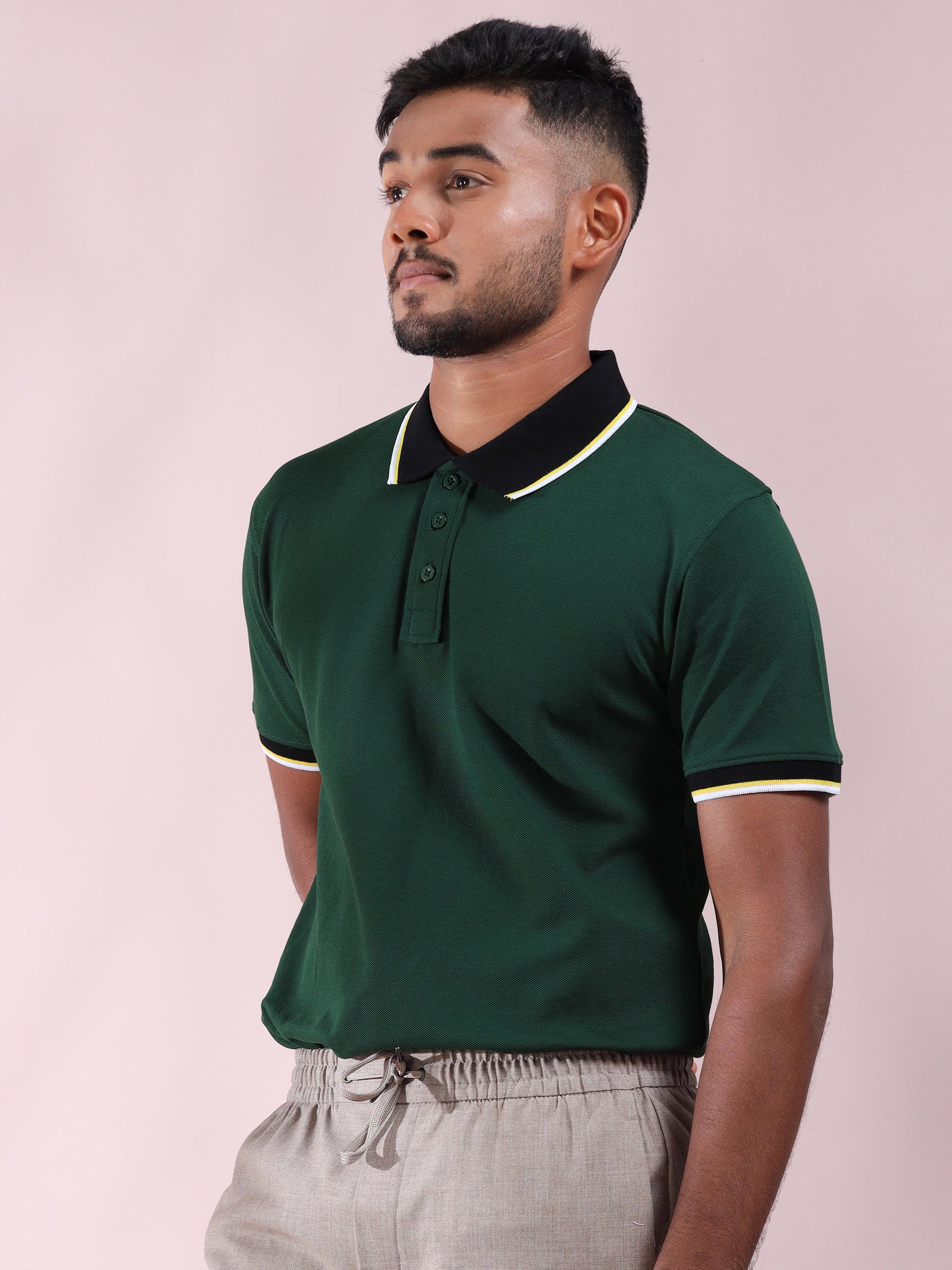 Plus White&Yellow Tipping Green Cotton T Shirt for Men