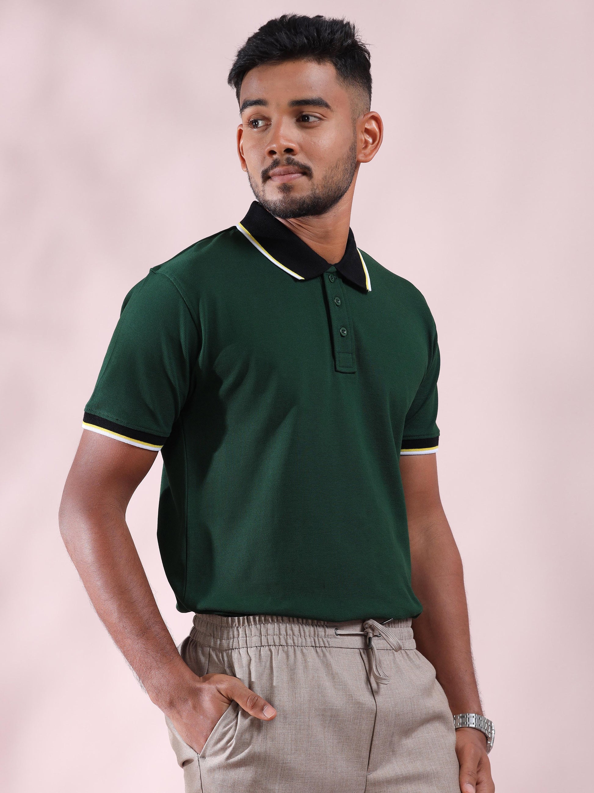 Plus White&Yellow Tipping Green Cotton T Shirt for Men