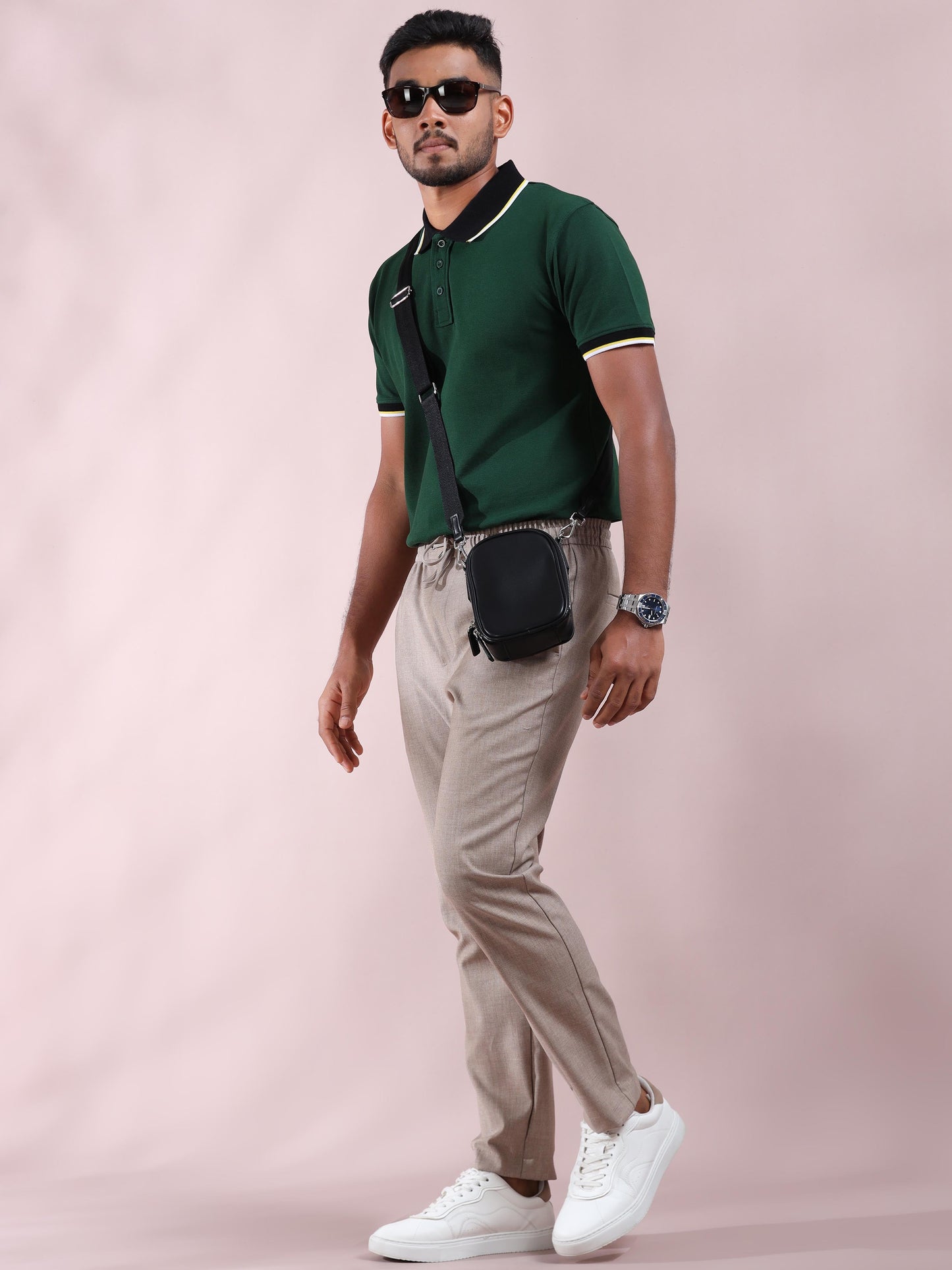 Plus White&Yellow Tipping Green Cotton T Shirt for Men