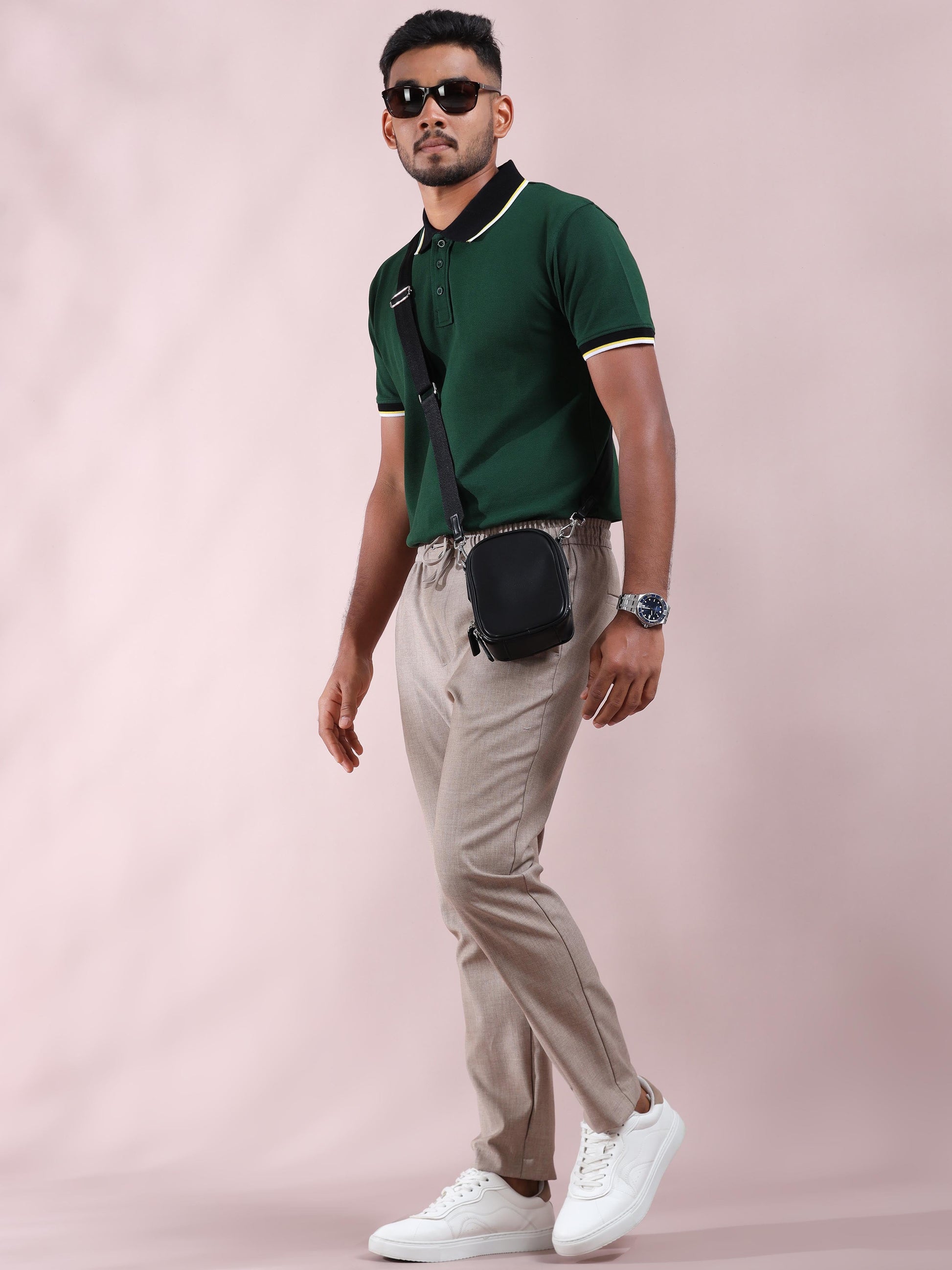 Plus White&Yellow Tipping Green Cotton T Shirt for Men