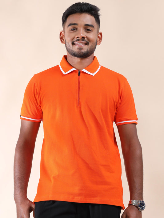 Men Plus White Tipping Collar Orange Cotton Polo T Shirt