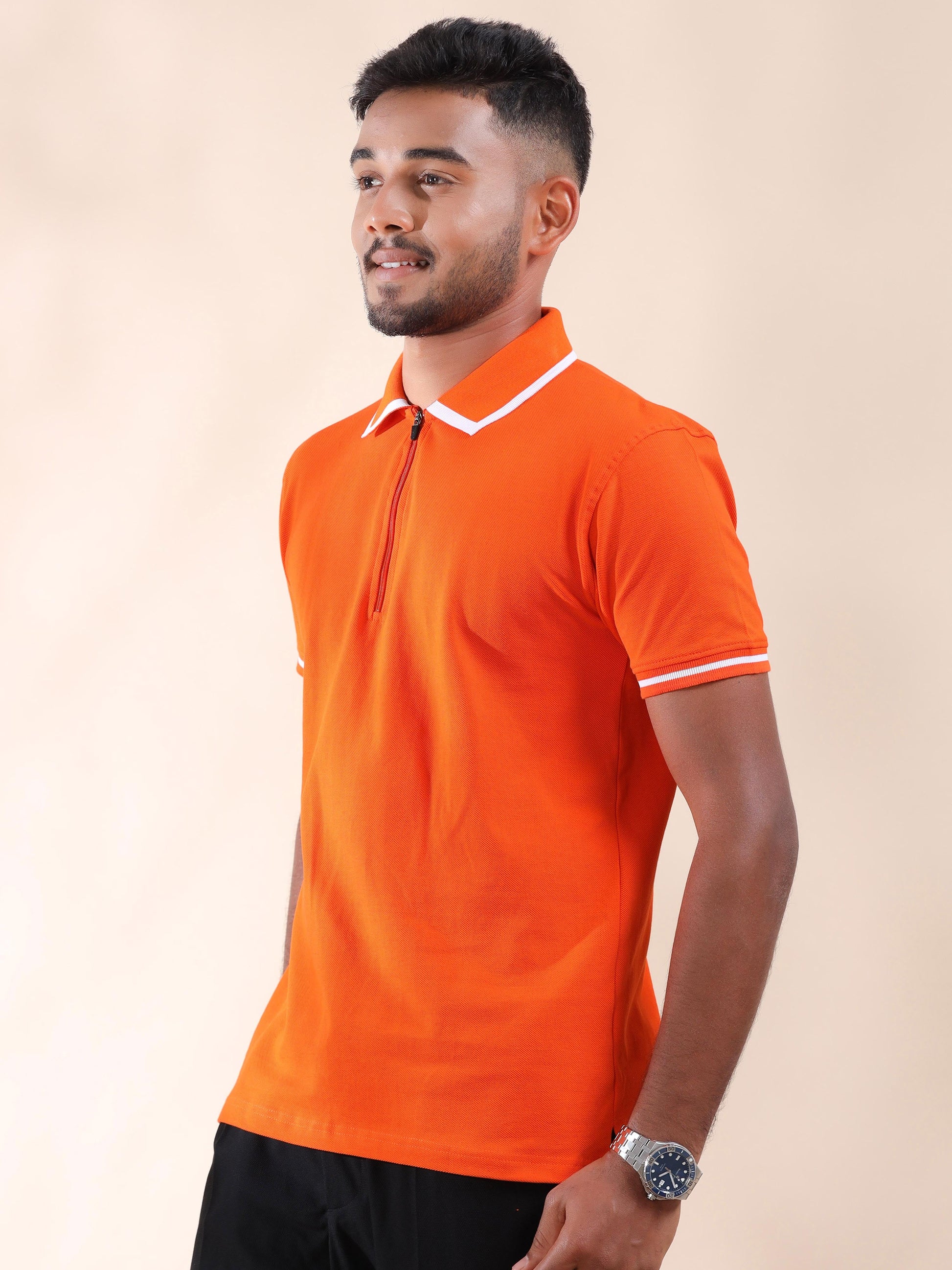 Men Plus White Tipping Collar Orange Cotton Polo T Shirt