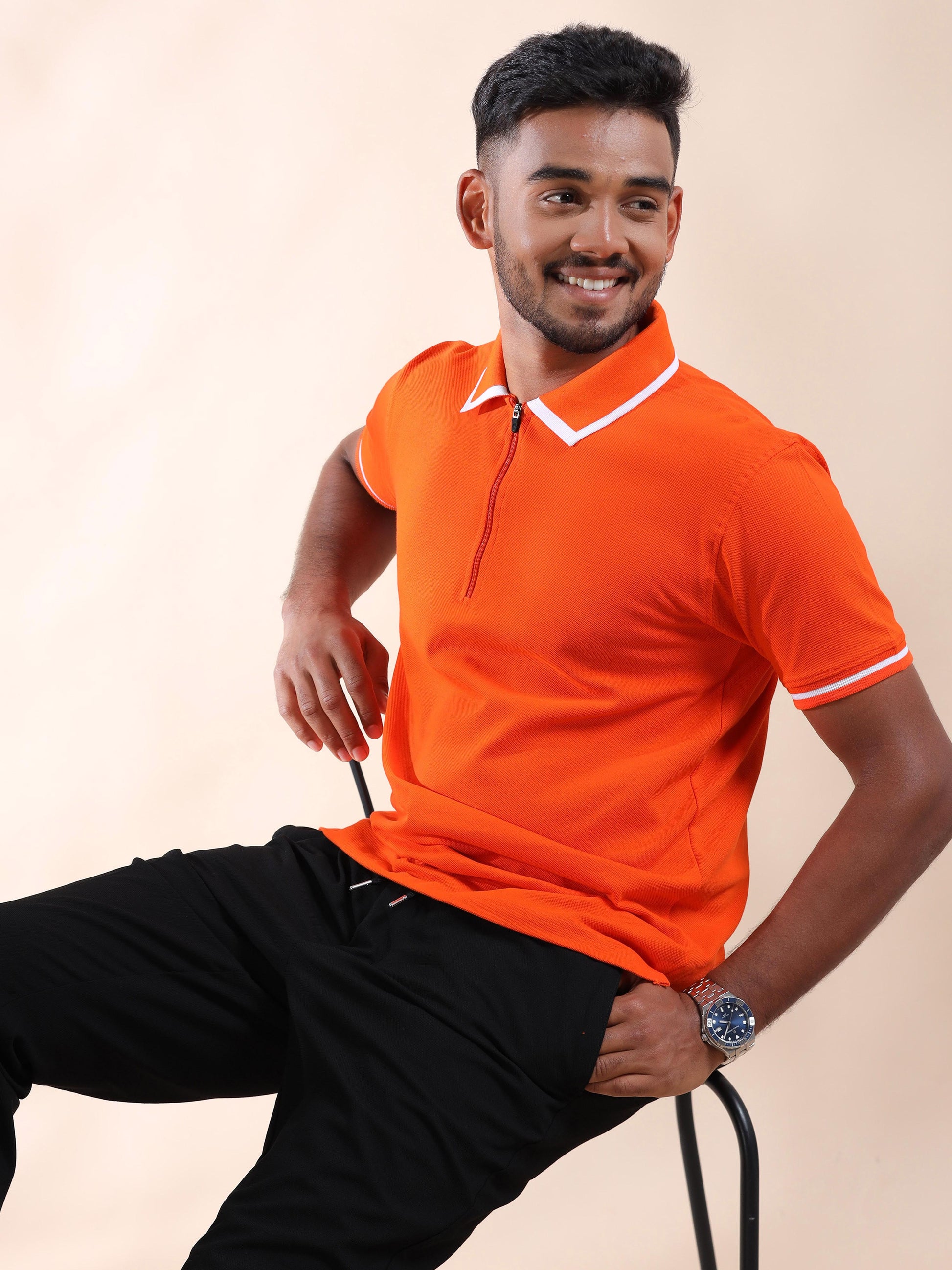 Men Plus White Tipping Collar Orange Cotton Polo T Shirt