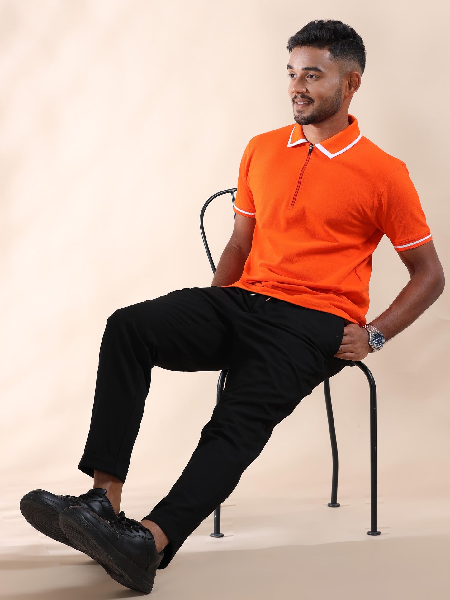 Men Plus White Tipping Collar Orange Cotton Polo T Shirt