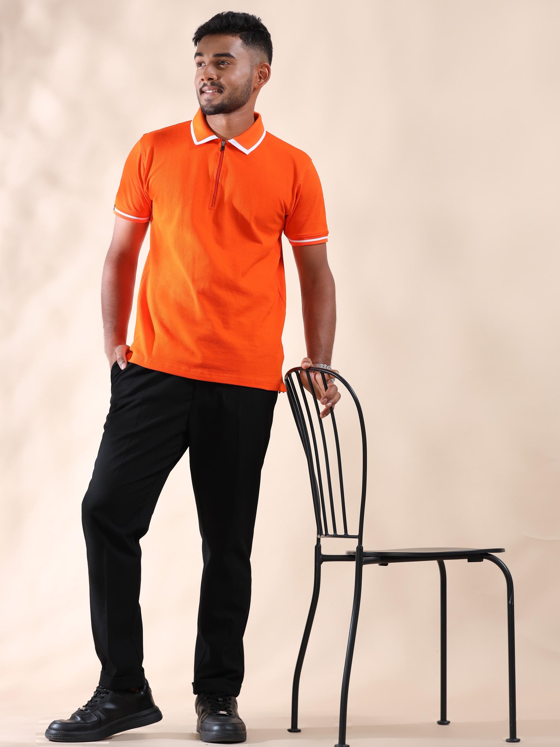 Men Plus White Tipping Collar Orange Cotton Polo T Shirt