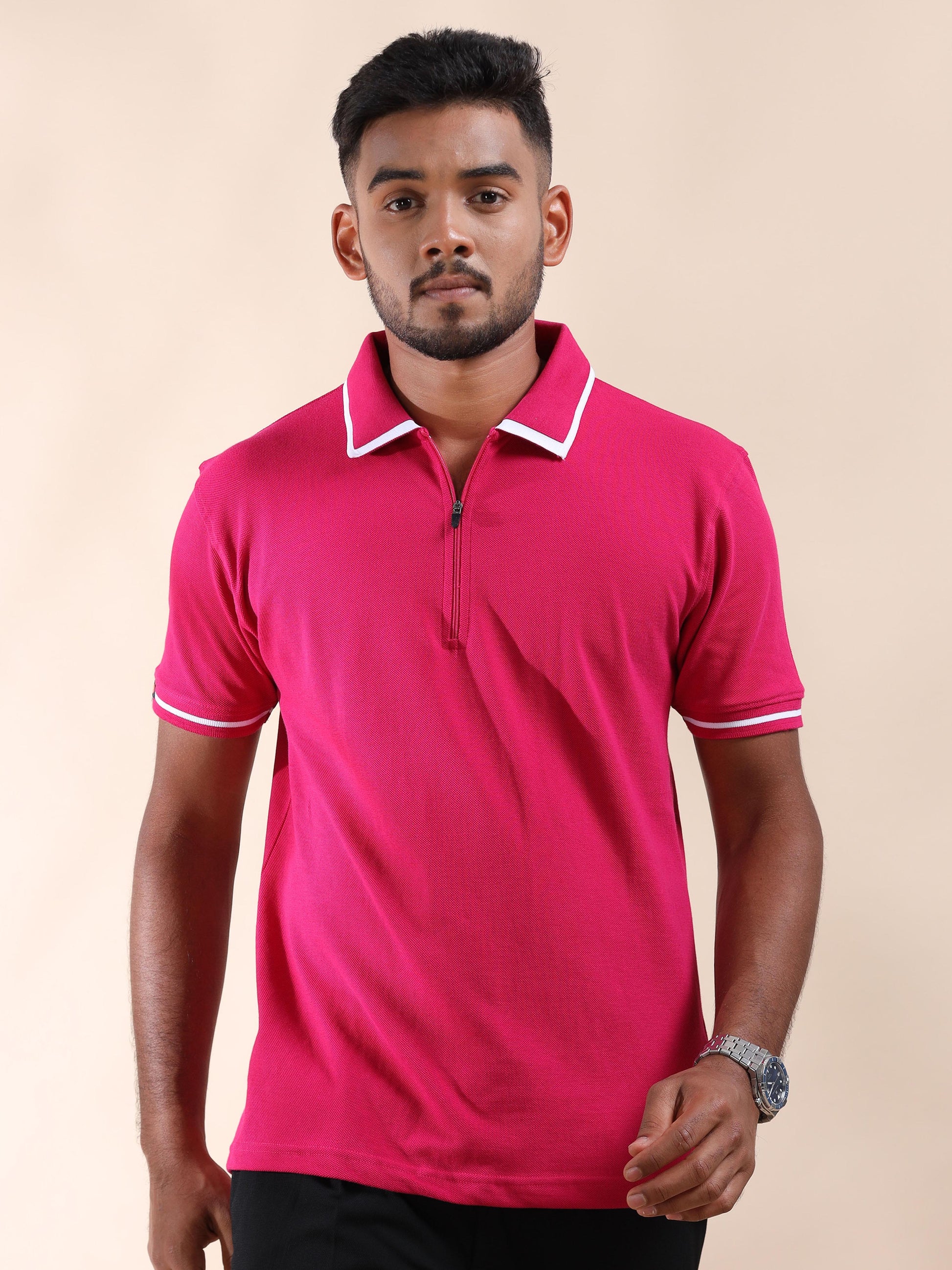 Plus White Tipping Collar Cotton Pink T Shirt for Men