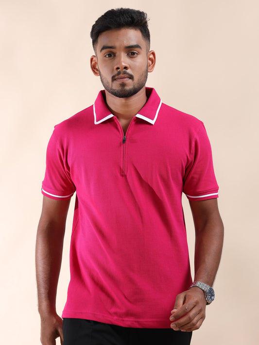 Plus White Tipping Collar Cotton Pink T Shirt for Men