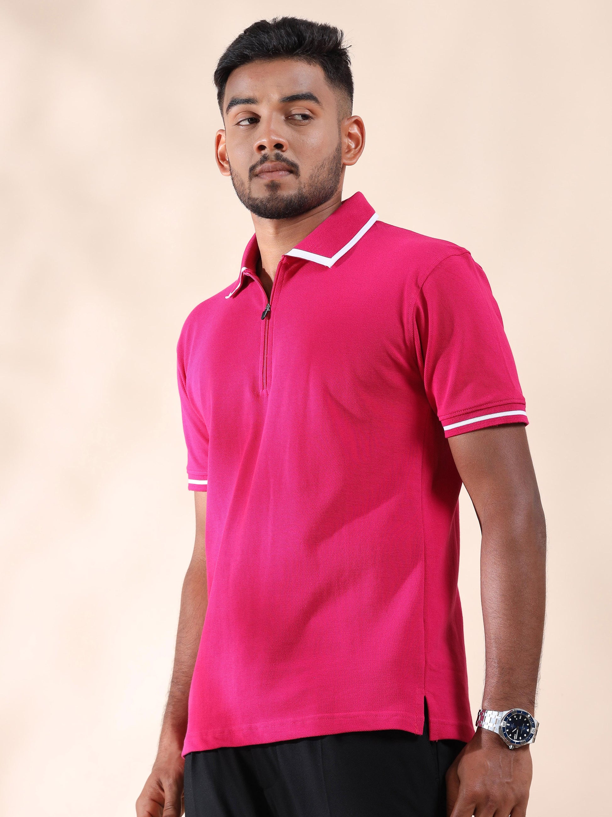 Plus White Tipping Collar Cotton Pink T Shirt for Men