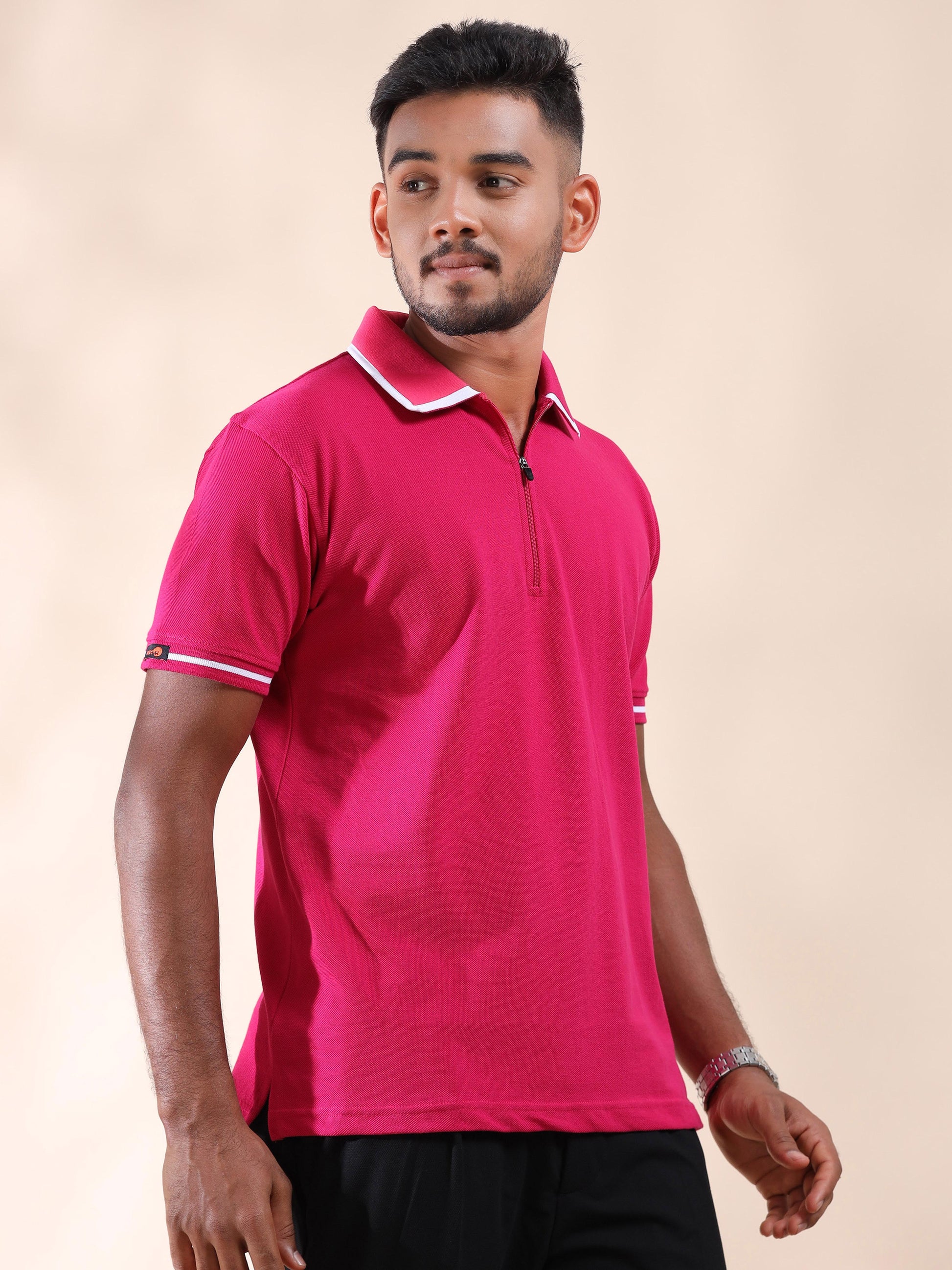 Plus White Tipping Collar Cotton Pink T Shirt for Men