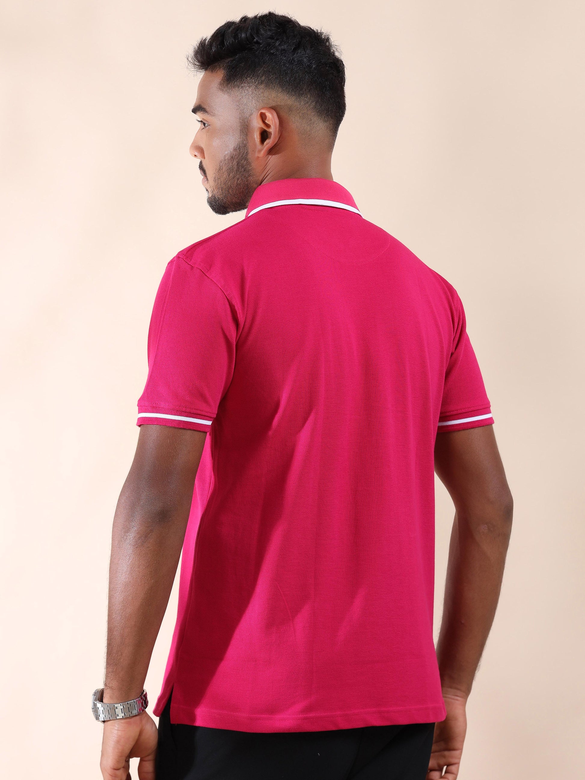 Plus White Tipping Collar Cotton Pink T Shirt for Men