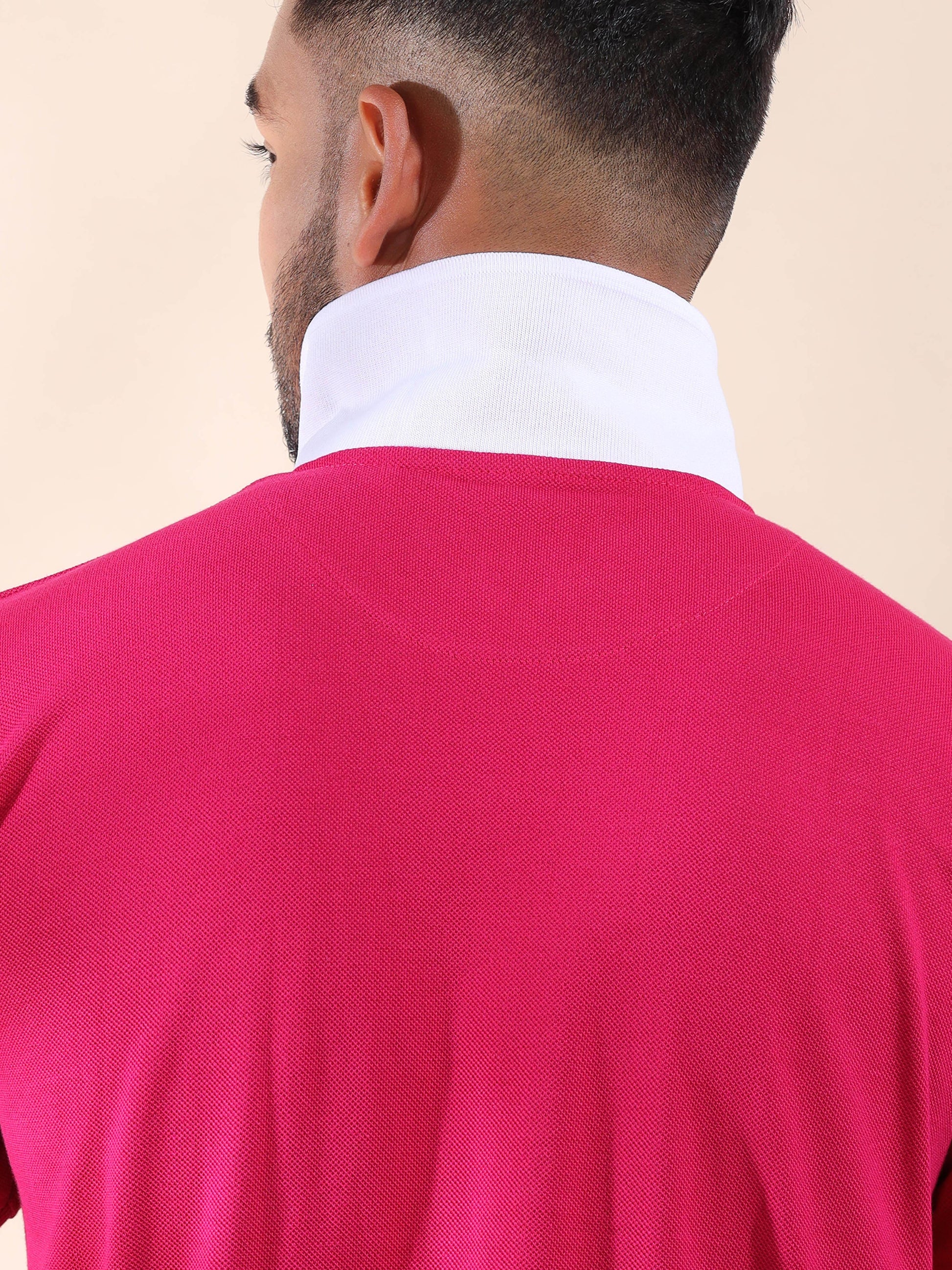 Plus White Tipping Collar Cotton Pink T Shirt for Men