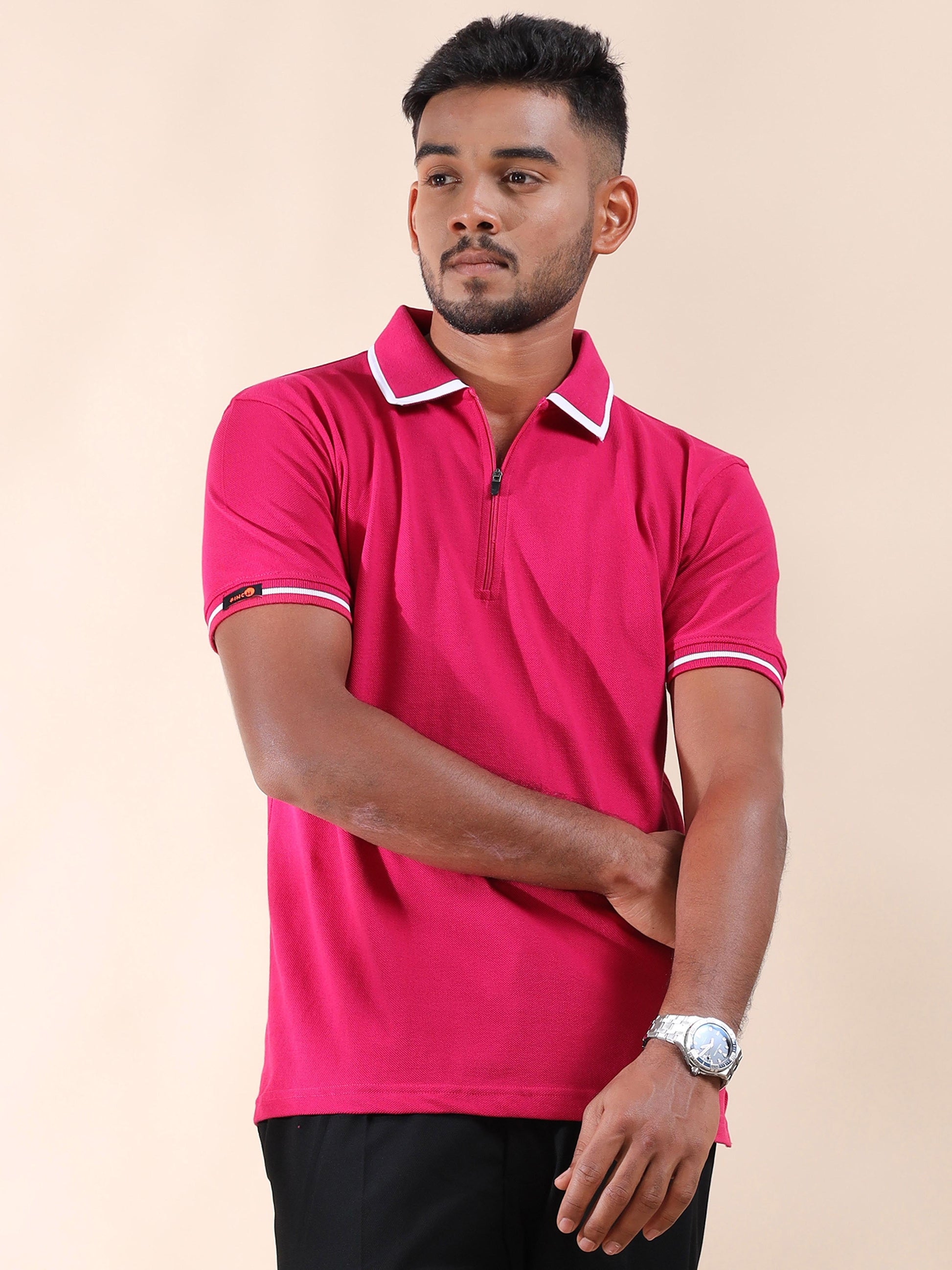 Plus White Tipping Collar Cotton Pink T Shirt for Men