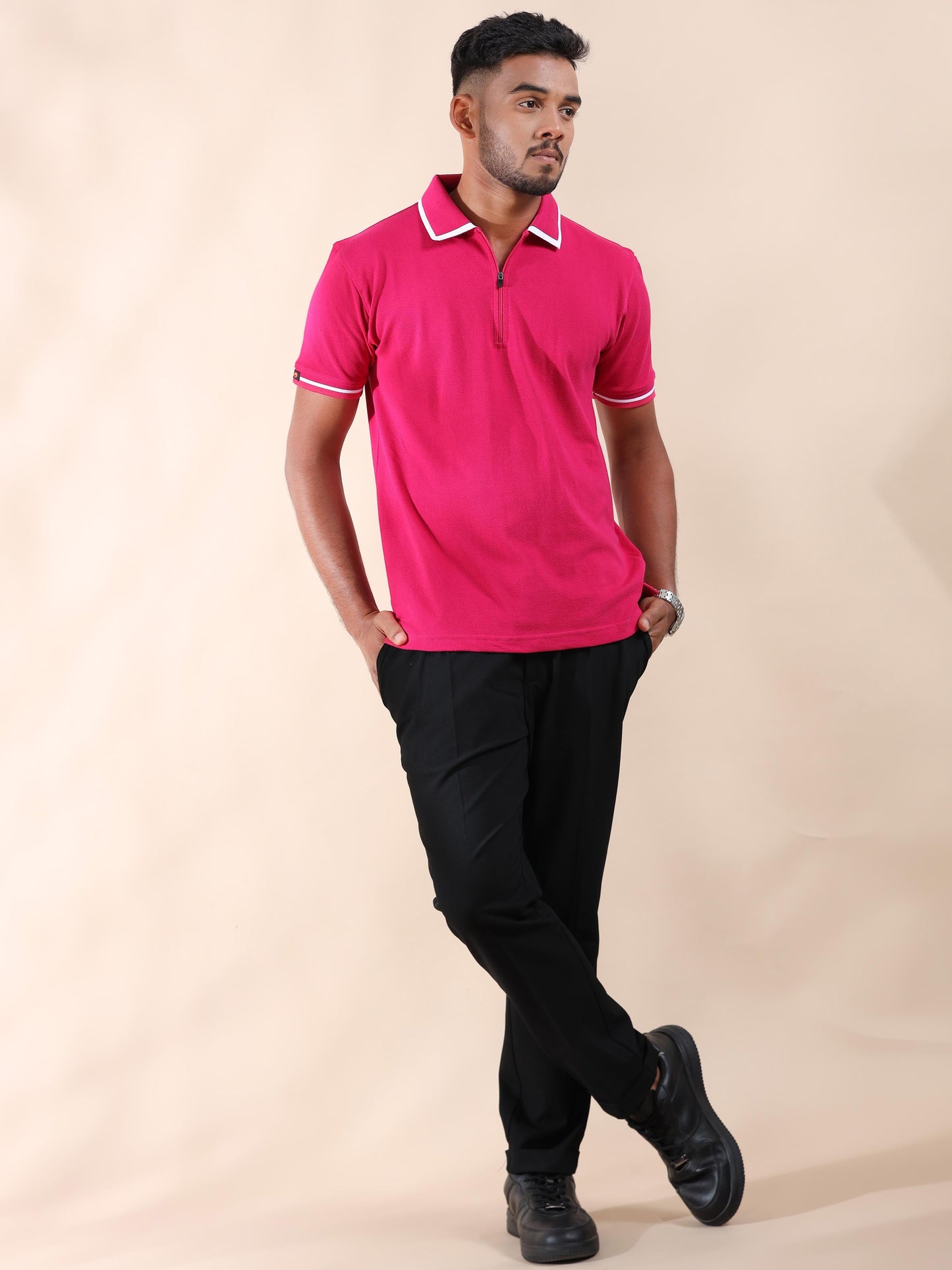 Plus White Tipping Collar Cotton Pink T Shirt for Men