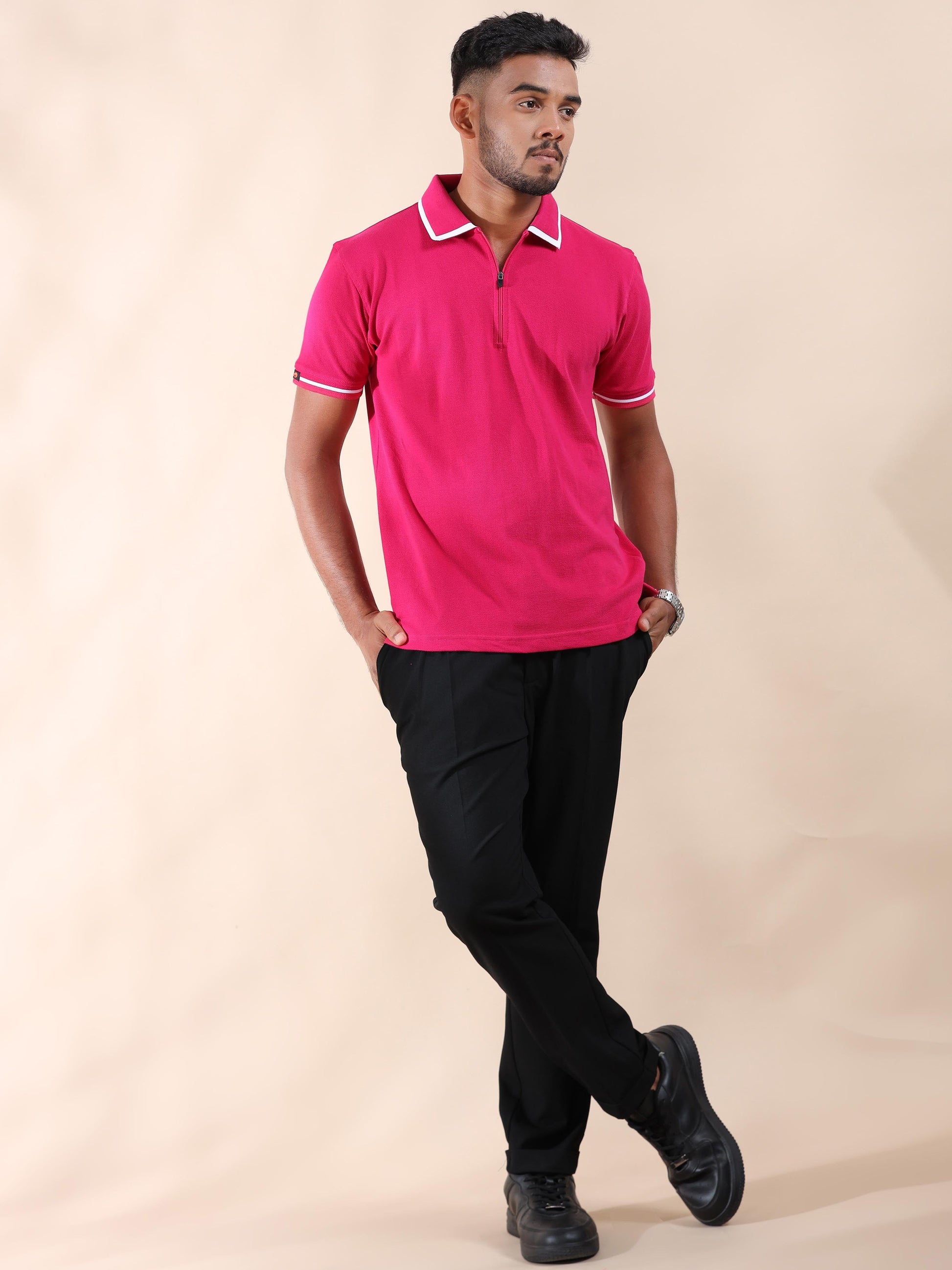Plus White Tipping Collar Cotton Pink T Shirt for Men