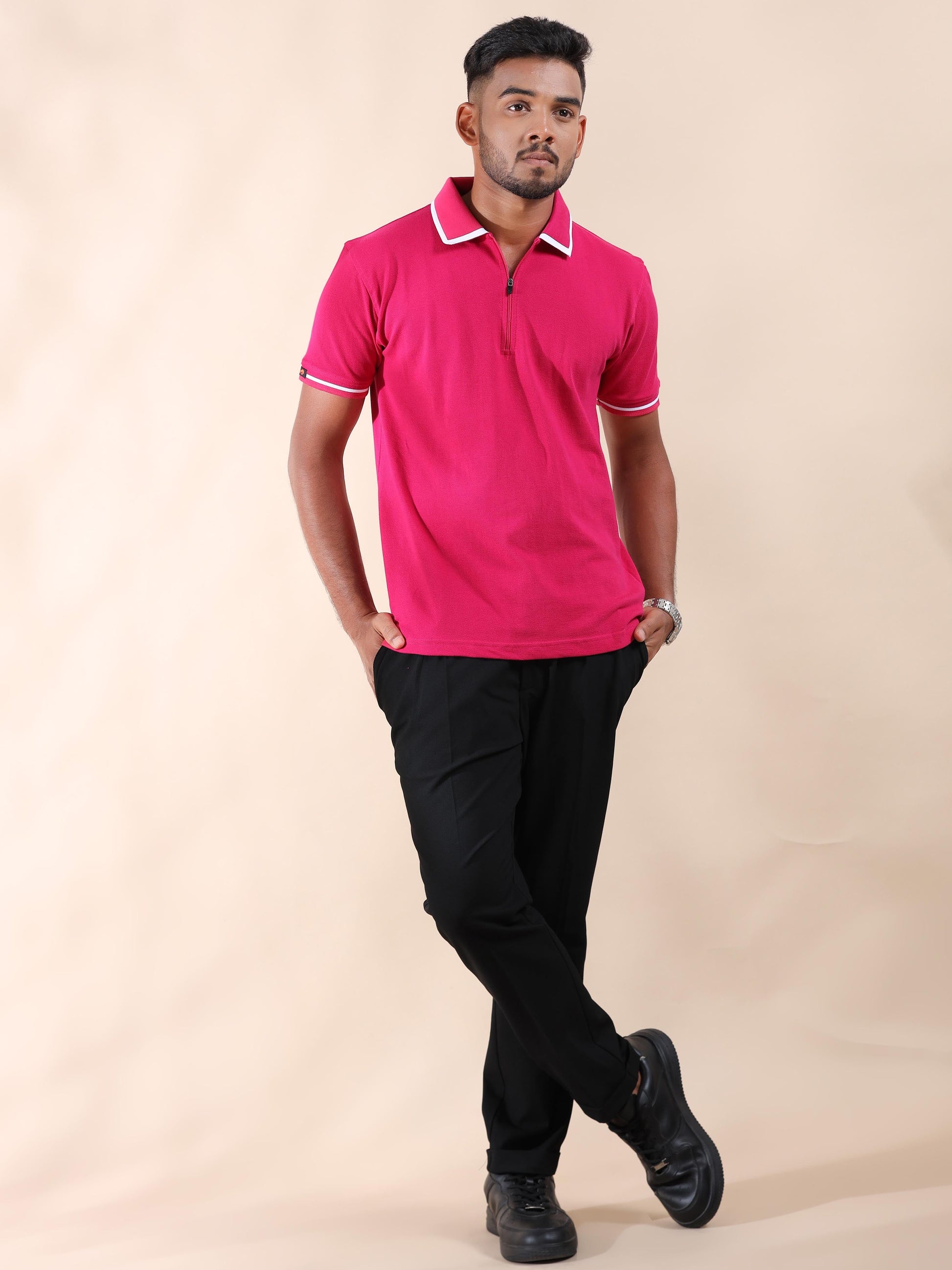 Plus White Tipping Collar Cotton Pink T Shirt for Men