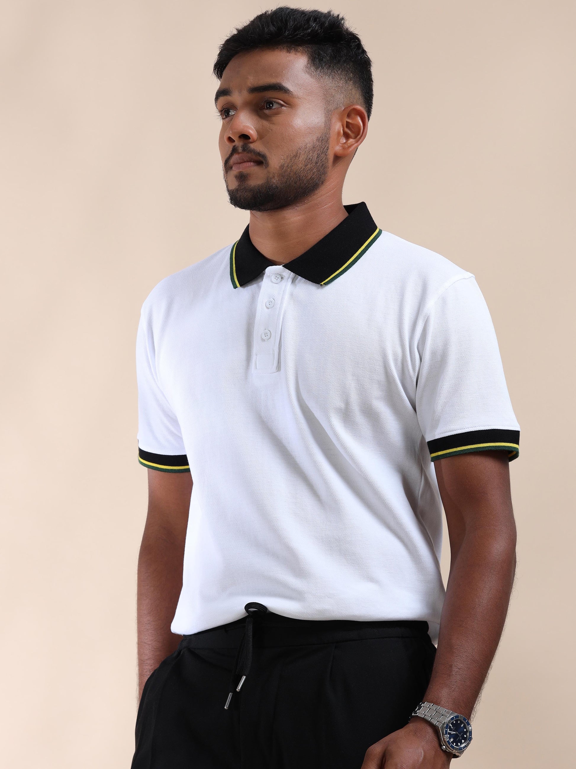 Plus Yellow&Green Tipping Mens White Cotton T Shirt