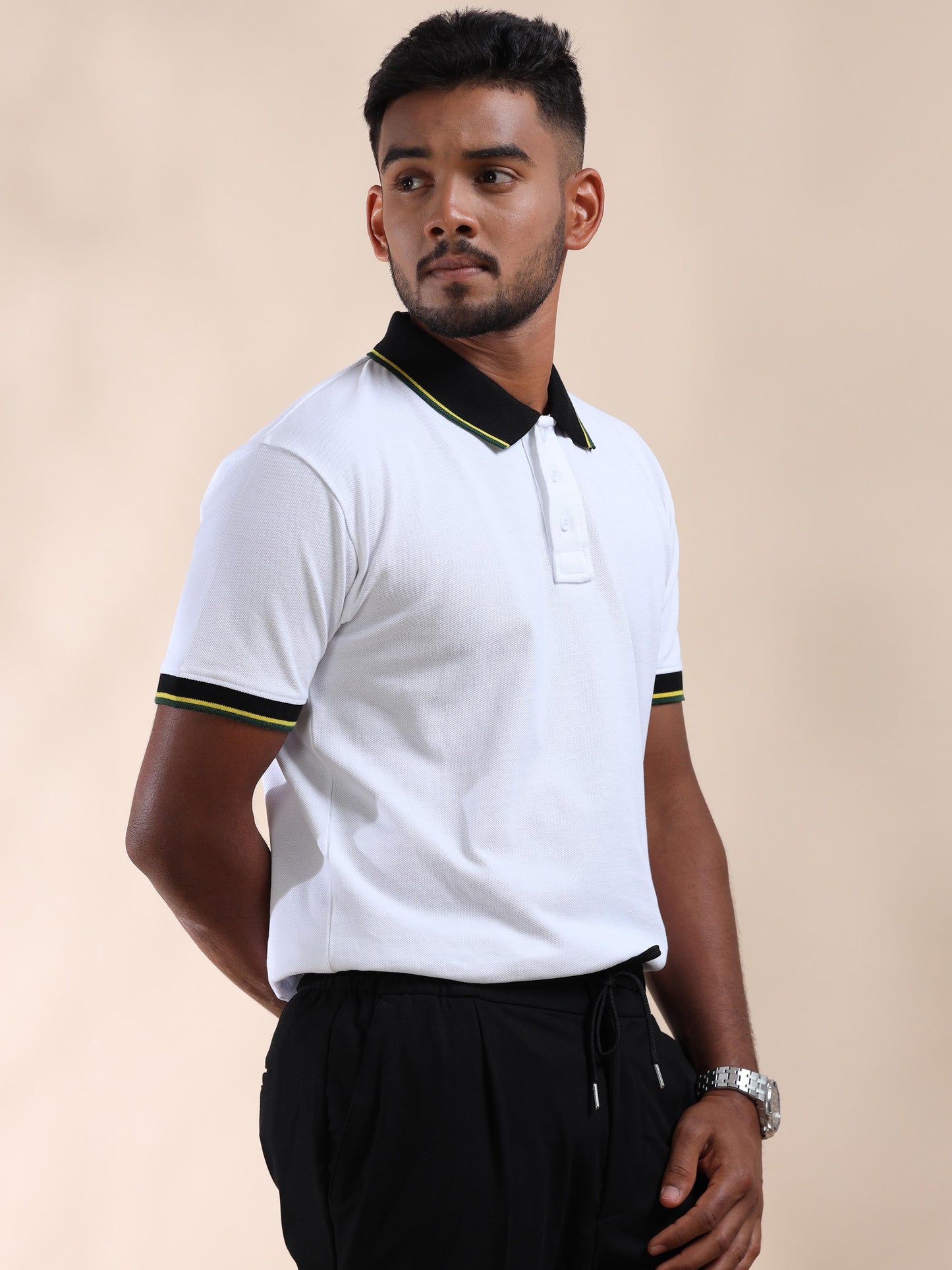 Plus Yellow&Green Tipping Mens White Cotton T Shirt