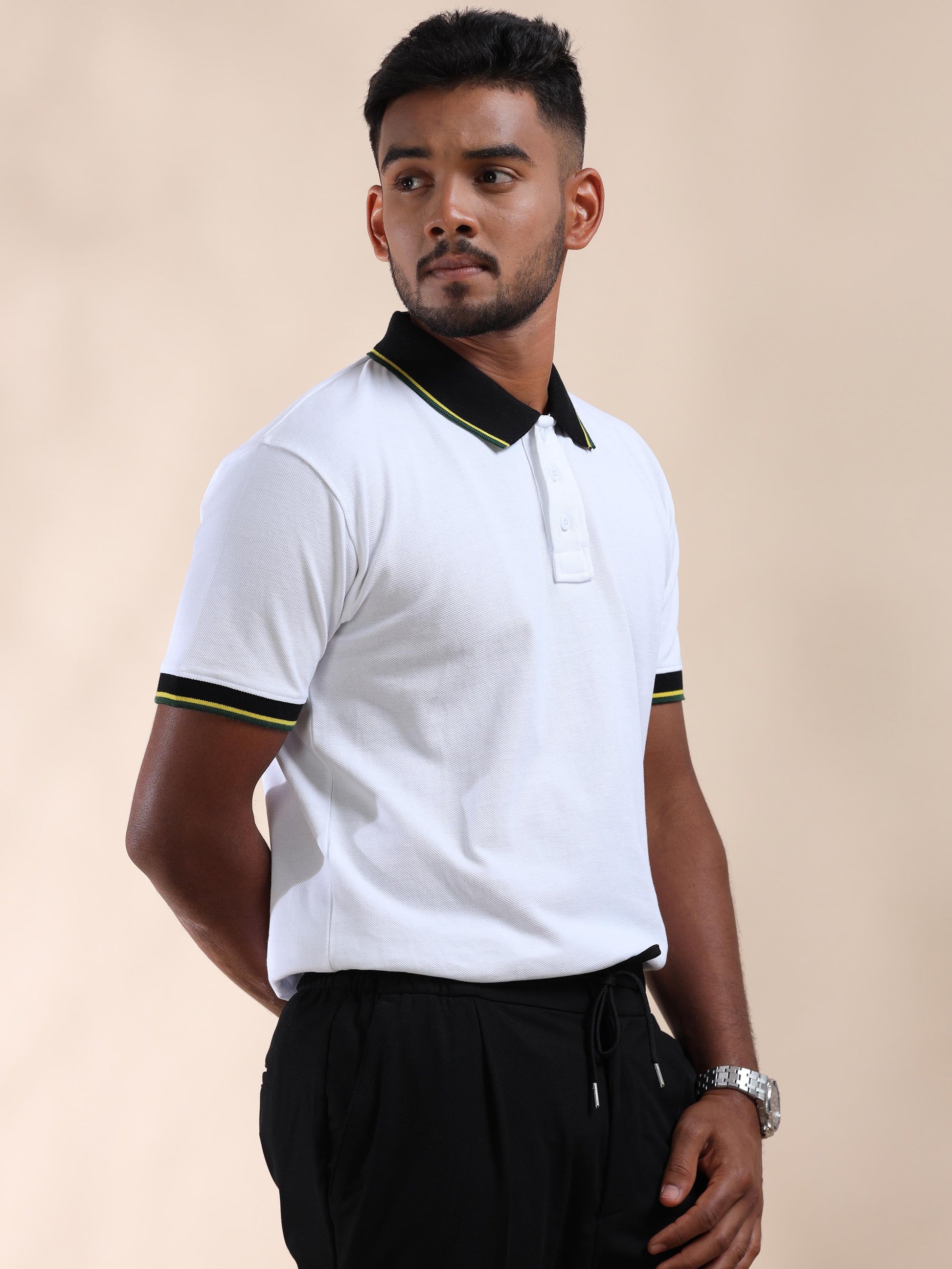 Plus Yellow&Green Tipping Mens White Cotton T Shirt