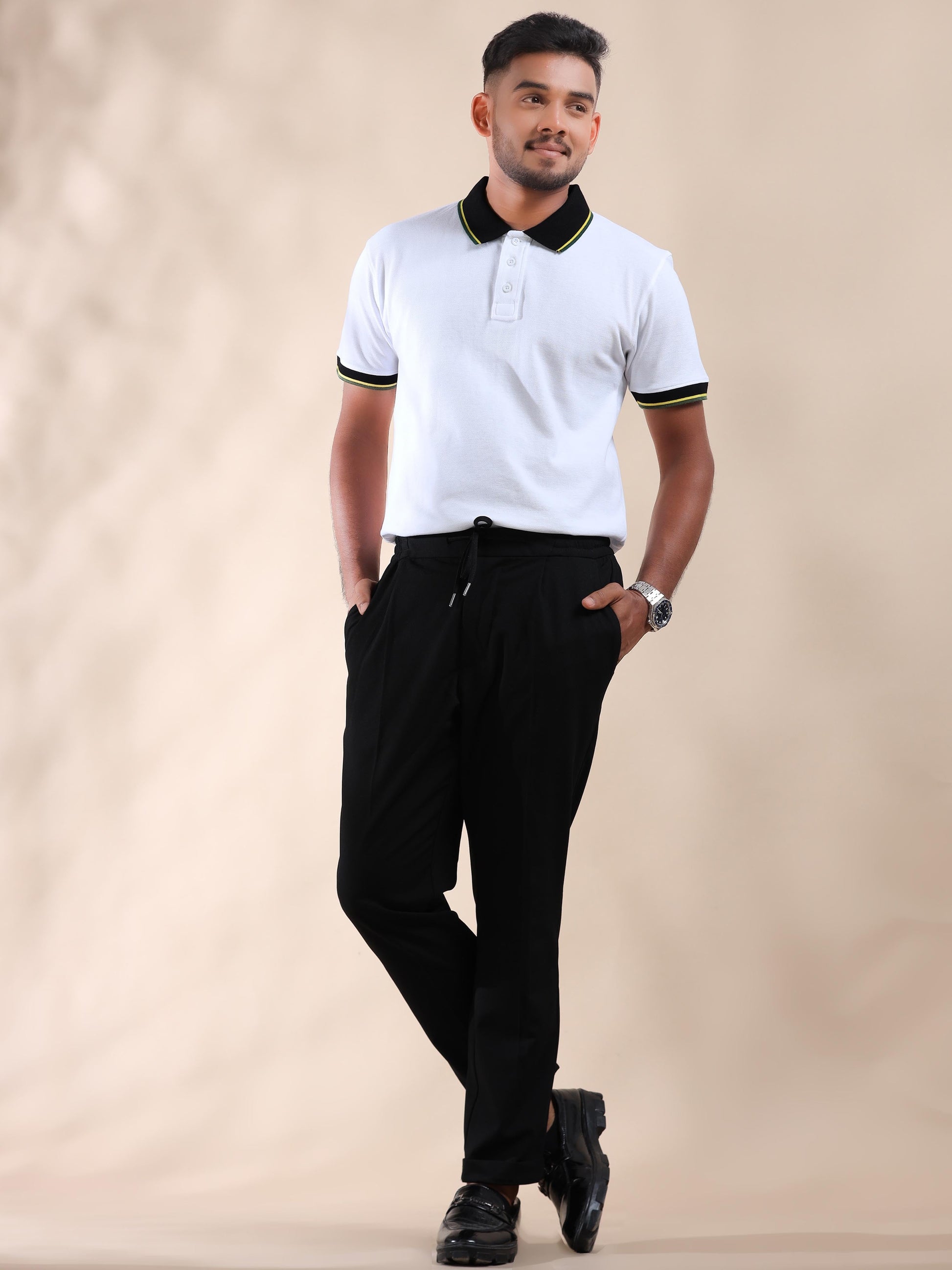 Plus Yellow&Green Tipping Mens White Cotton T Shirt
