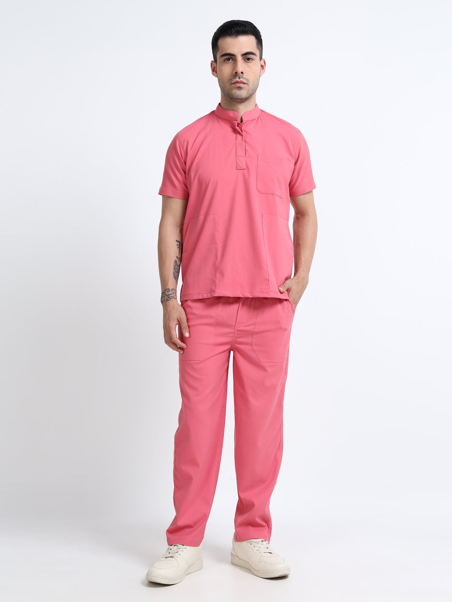 Men’s Mauve Medical Scrub Set – Mandarin Collar (Chinese Collar) Top & Straight Pants | Wrinkle-Resistant – Eco Flex