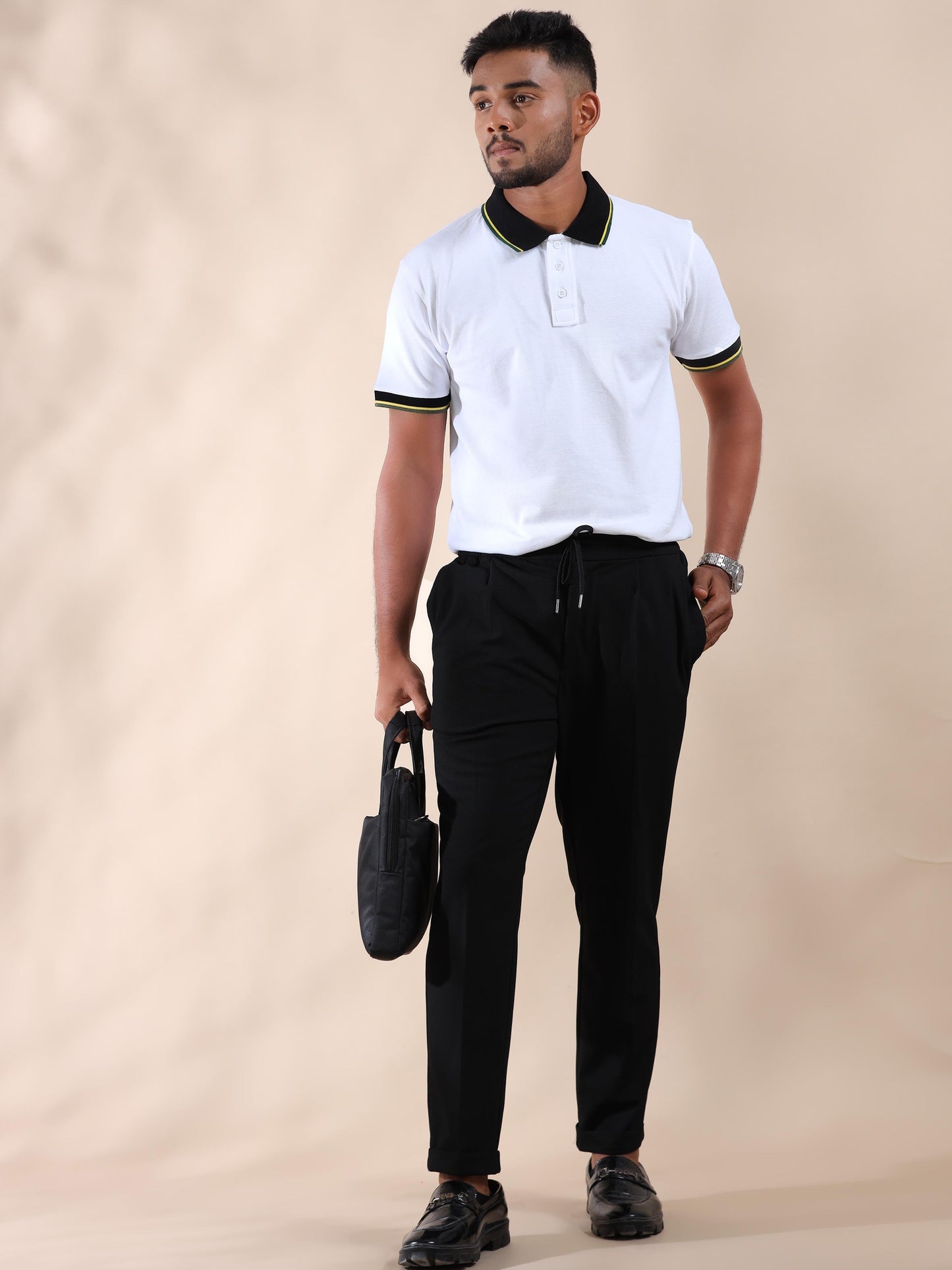 Plus Size Yellow & Green Tipping Polo Collar Mercury White Pure Cotton T-shirt