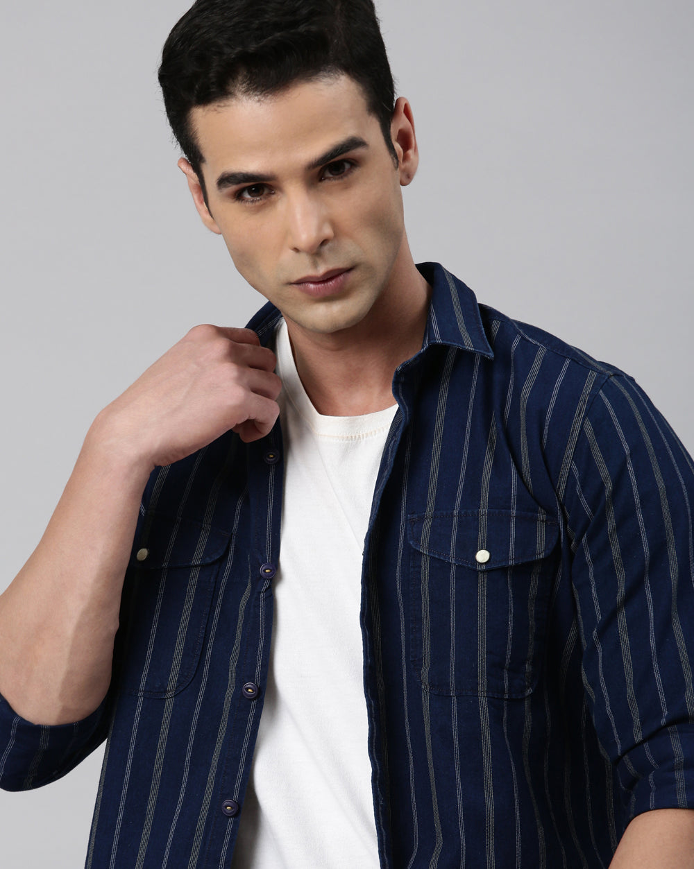 Indigo Double Pocket Striped Shirt