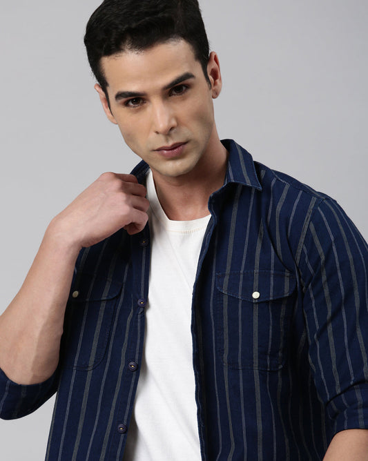 Indigo Double Pocket Striped Shirt