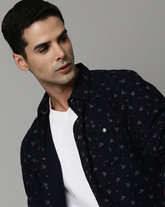 Indigo Double Pocket Denim Printed Shirt