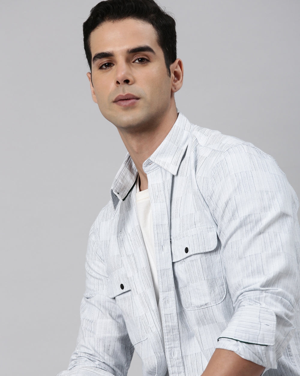 Light Grey Checkered Denim Shirt
