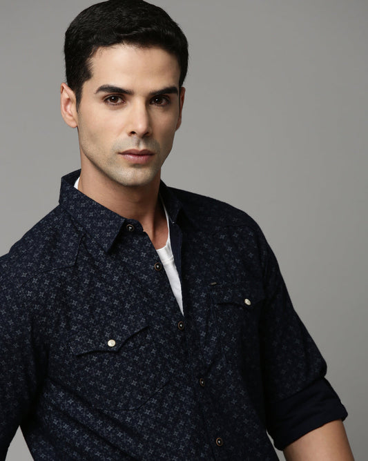 Men's Indigo Printed Denim Shirt