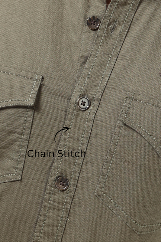 Men’s Olive Green Cotton Utility Casual Shirt with Dual Flap Pockets