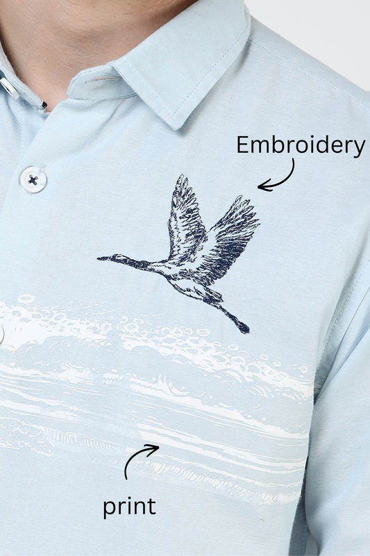 Men’s Light Blue Cotton Casual Shirt with Flying Bird Embroidery