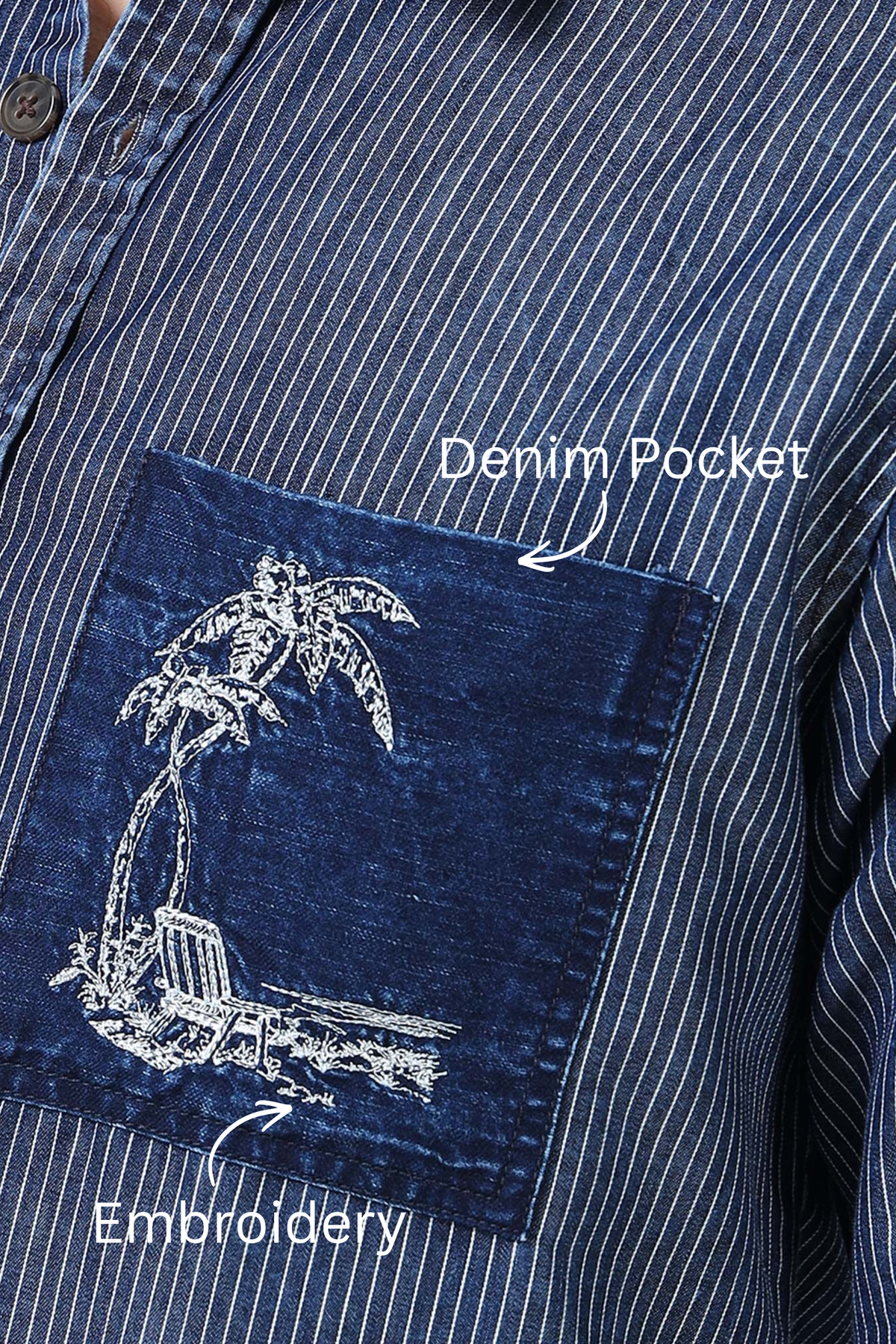 Men’s Indigo Striped Cotton Casual Shirt with Contrast Embroidered Pocket