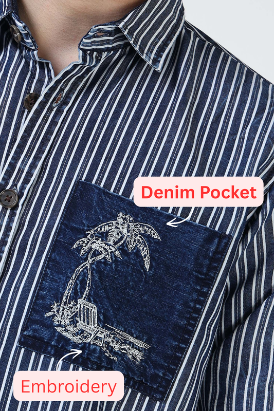 Men’s Navy Striped Cotton Casual Shirt with Contrast Embroidered Pocket