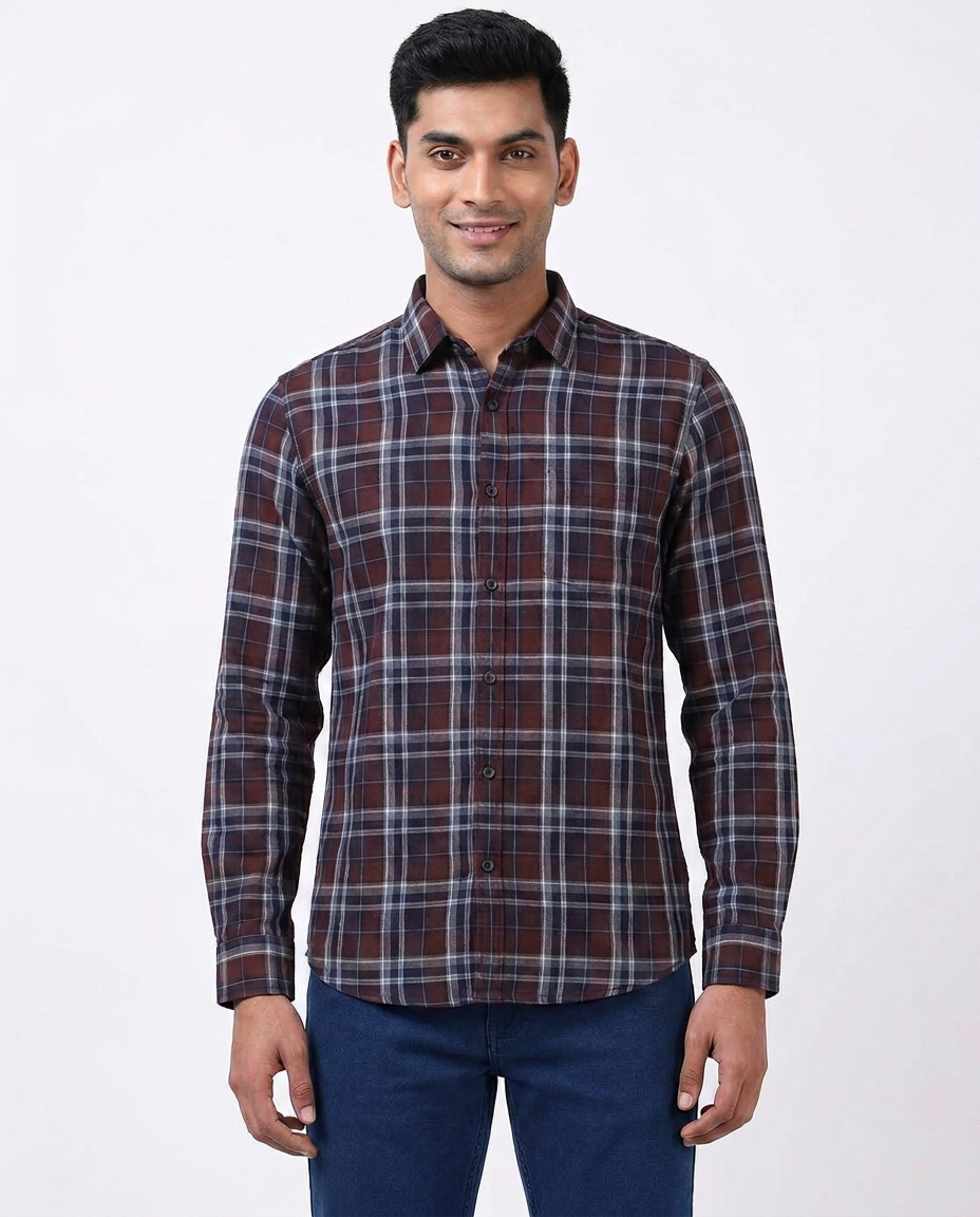 Men's Burgundy Plaid Cotton Blend Long Sleeve Casual Shirt