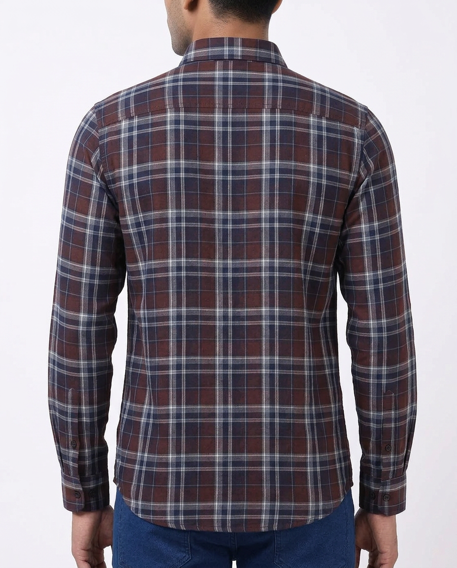 Men's Burgundy Plaid Cotton Blend Long Sleeve Casual Shirt