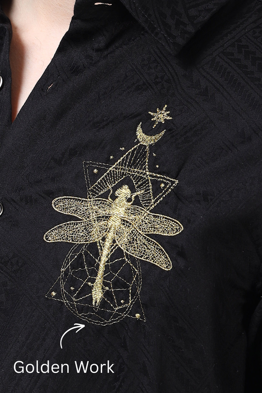 Men’s Black Textured Cotton Casual Shirt with Golden Dragonfly Embroidery