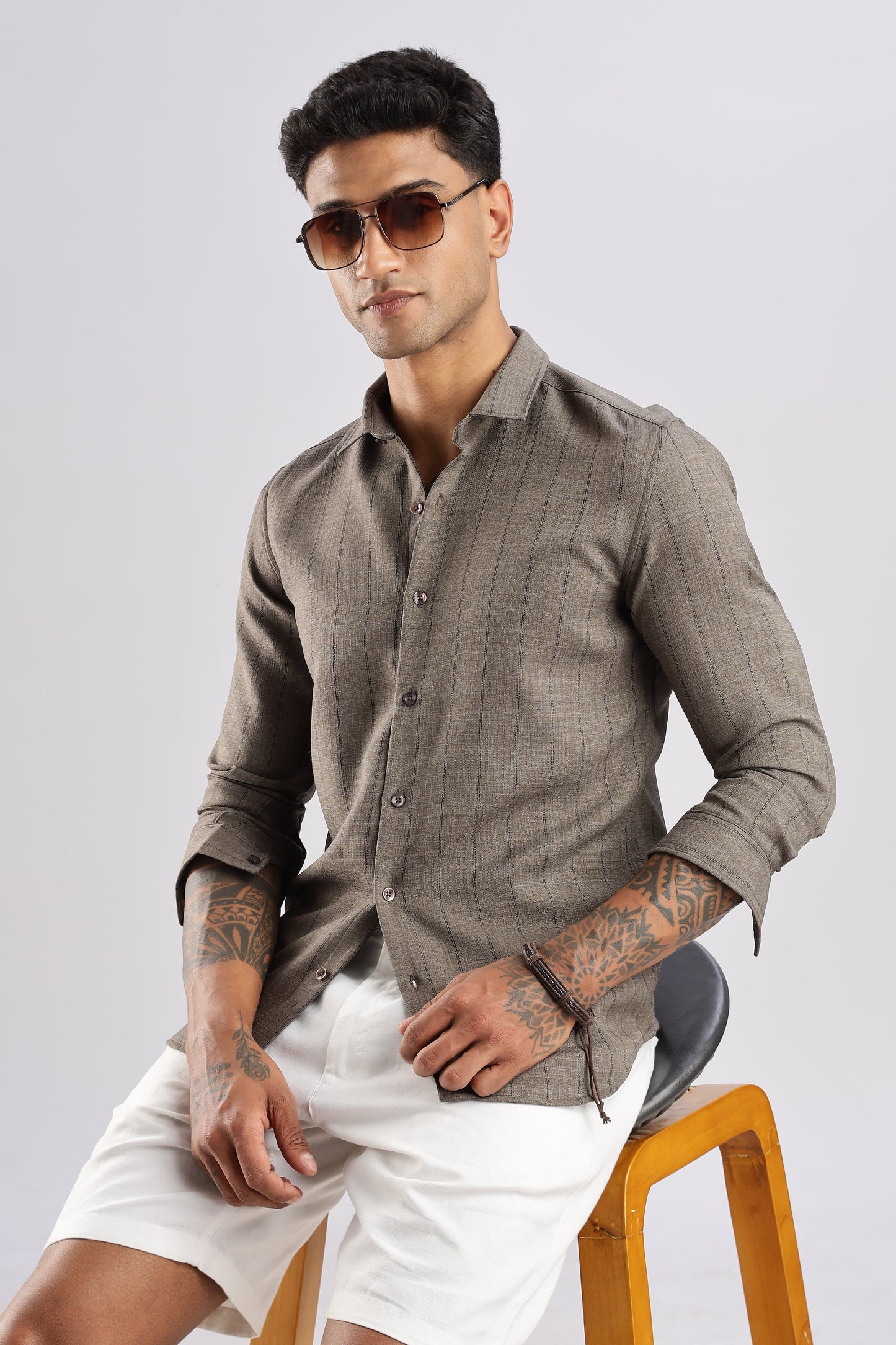 Men Air Like Linen Stripes Shirt-Fawn