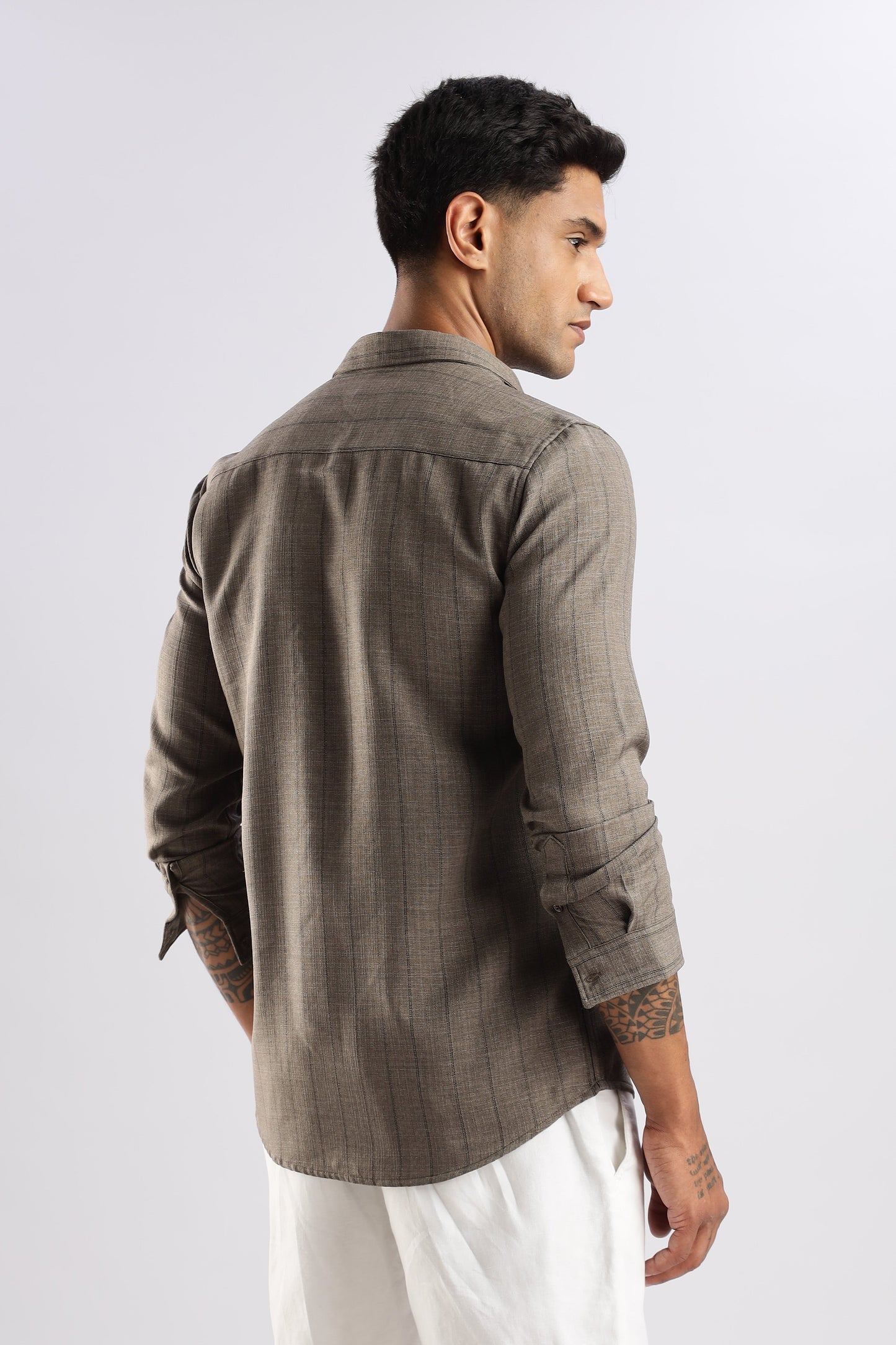 Men Air Like Linen Stripes Shirt-Fawn
