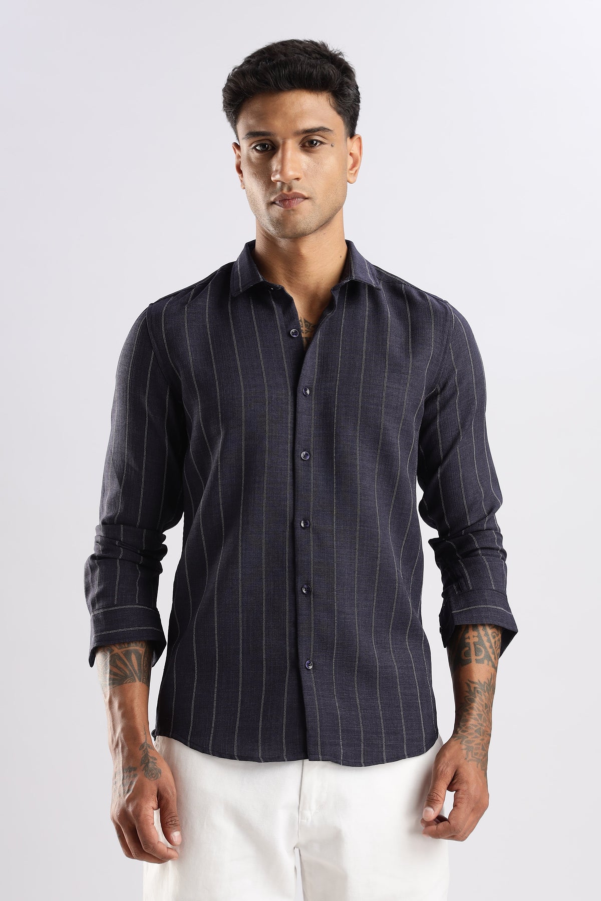 Men Air Like Linen Stripes Shirt-Navy