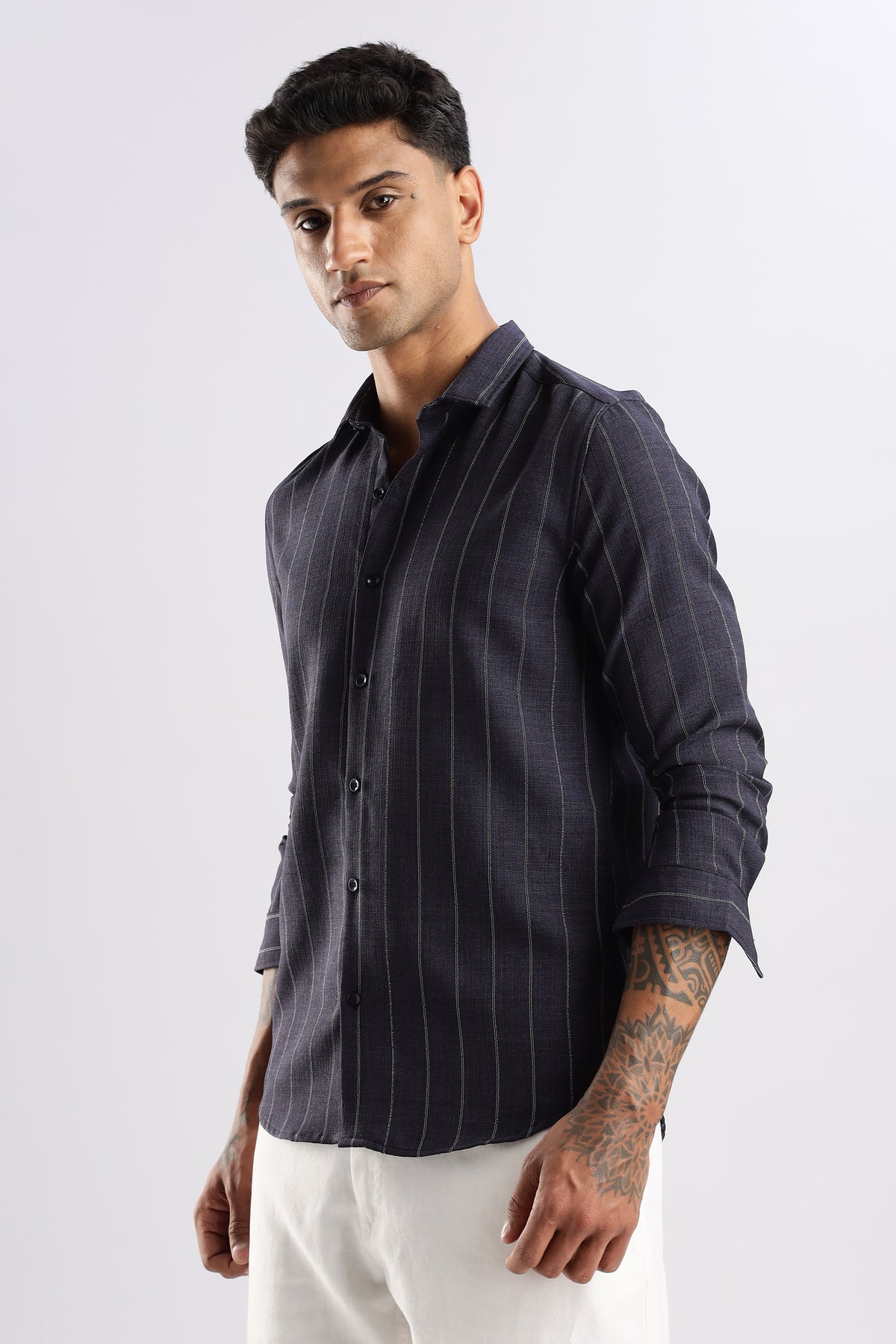 Men Air Like Linen Stripes Shirt-Navy
