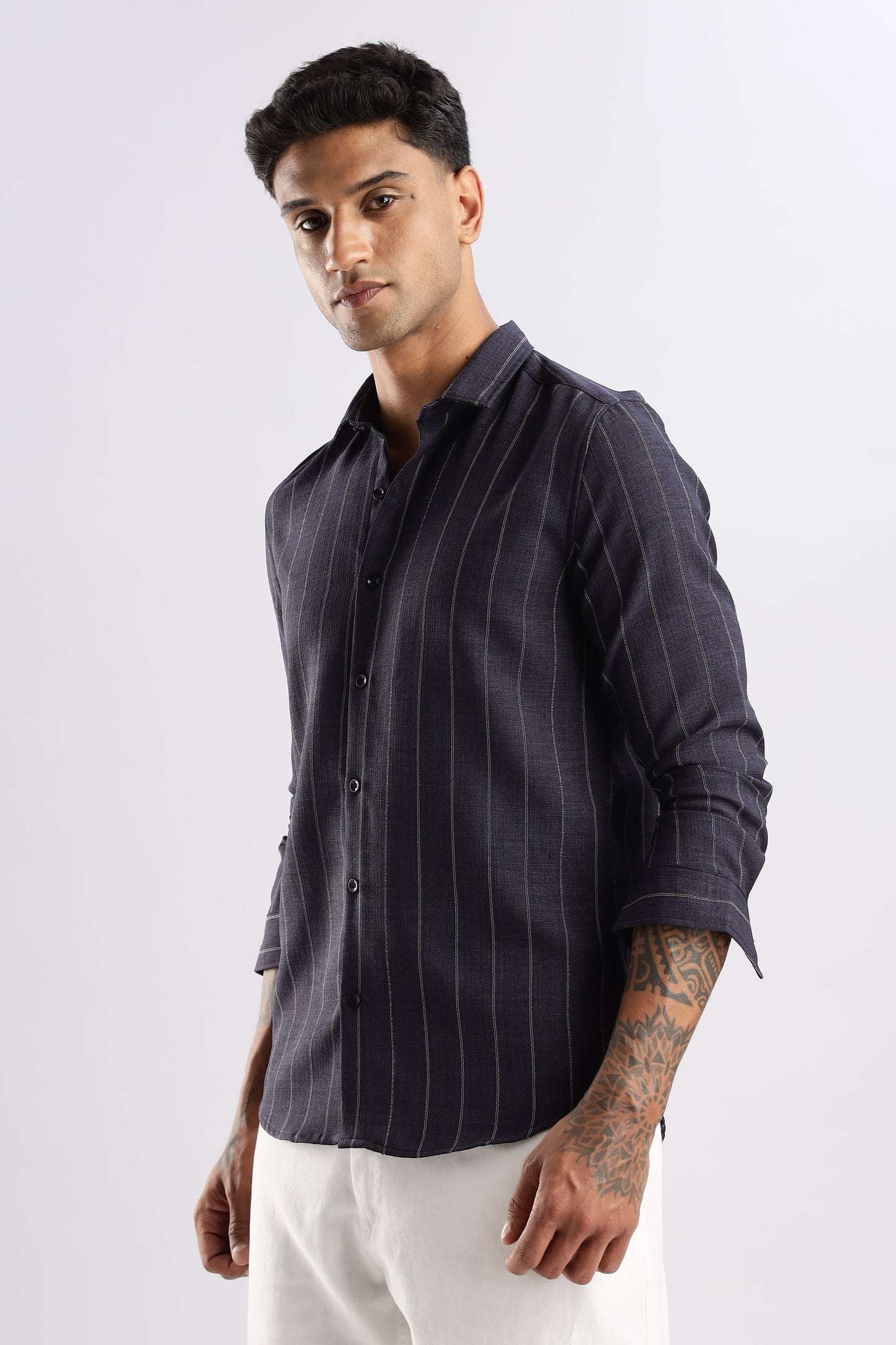 Men Air Like Linen Stripes Shirt-Navy